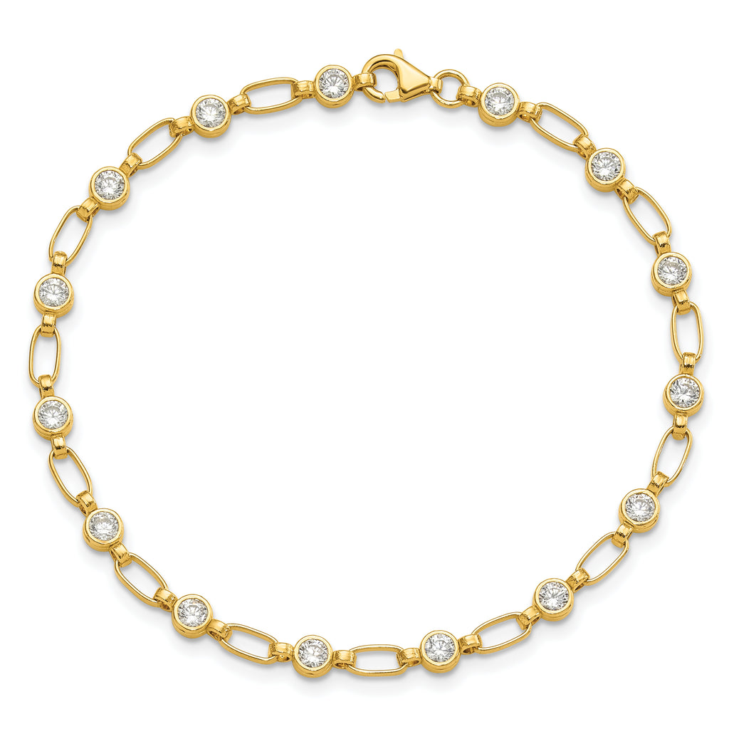 Sterling Silver Gold-plated Polished Bezel CZ and Oval Link 7.5 inch Bracelet