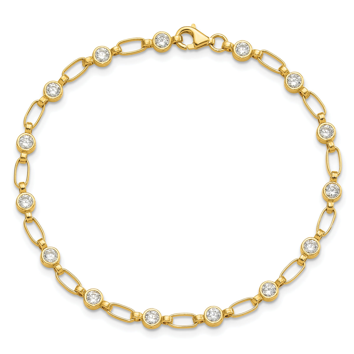 Sterling Silver Gold-plated Polished Bezel CZ and Oval Link 7.5 inch Bracelet