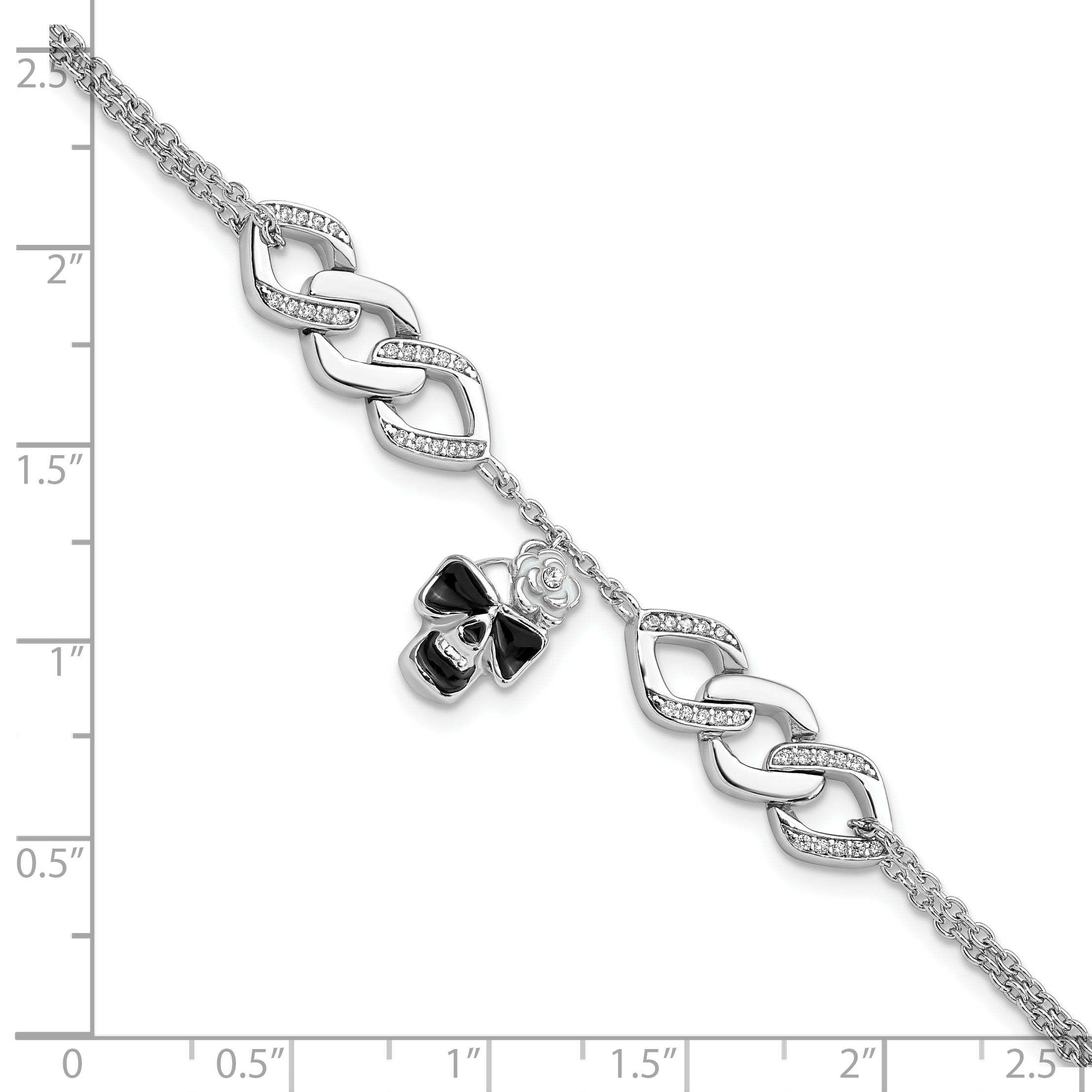 Sterling Silver RH CZ Enamel Skull w/Flower 6.5in w/1in ext Bracelet Secondary image