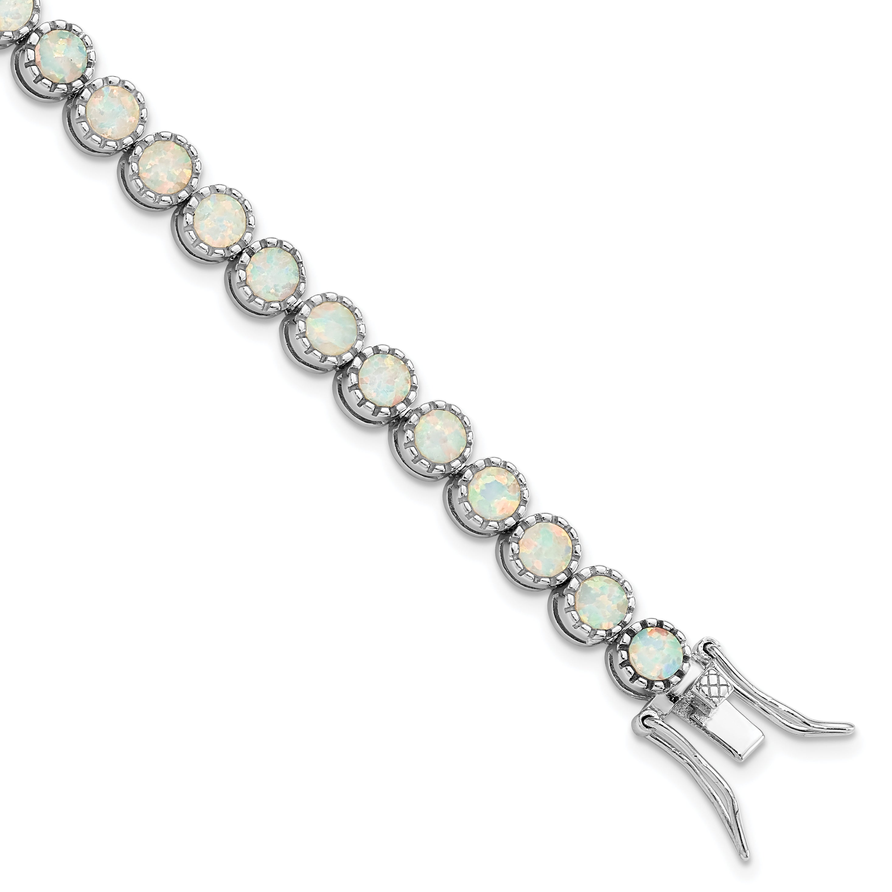 Sterling Silver Rhodium-Rhodium-Plated Beaded White Created Opal Inlay Bracelet