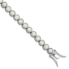 Sterling Silver Rhodium-Rhodium-Plated Beaded White Created Opal Inlay Bracelet