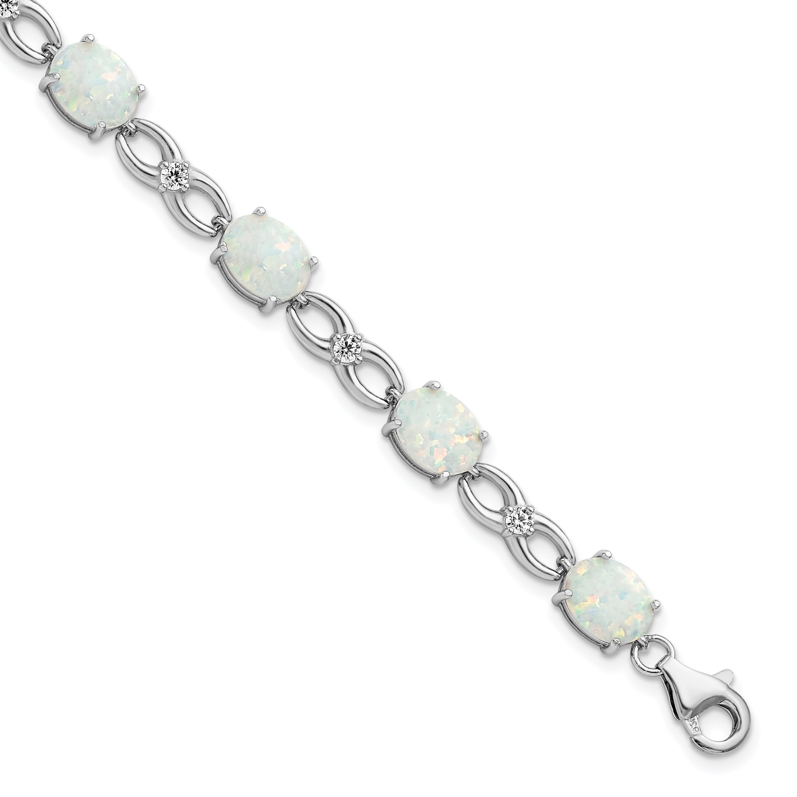 Sterling Silver Rhodium-plated Polished White Created Opal & CZ Bracelet Main image