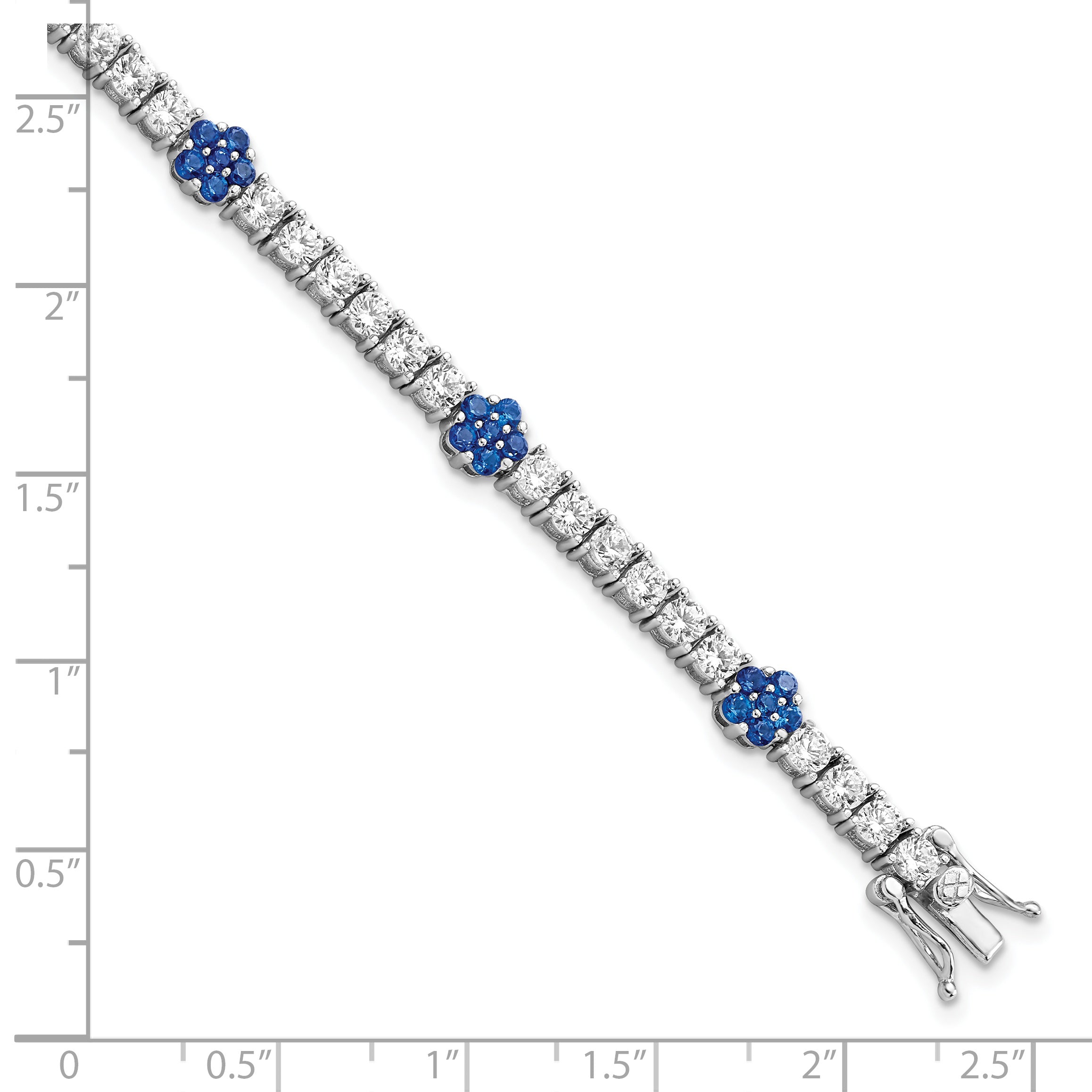 Sterling Silver Rhodium-plated Cr Blue Spinel & CZ Flower 7in Bracelet Secondary image