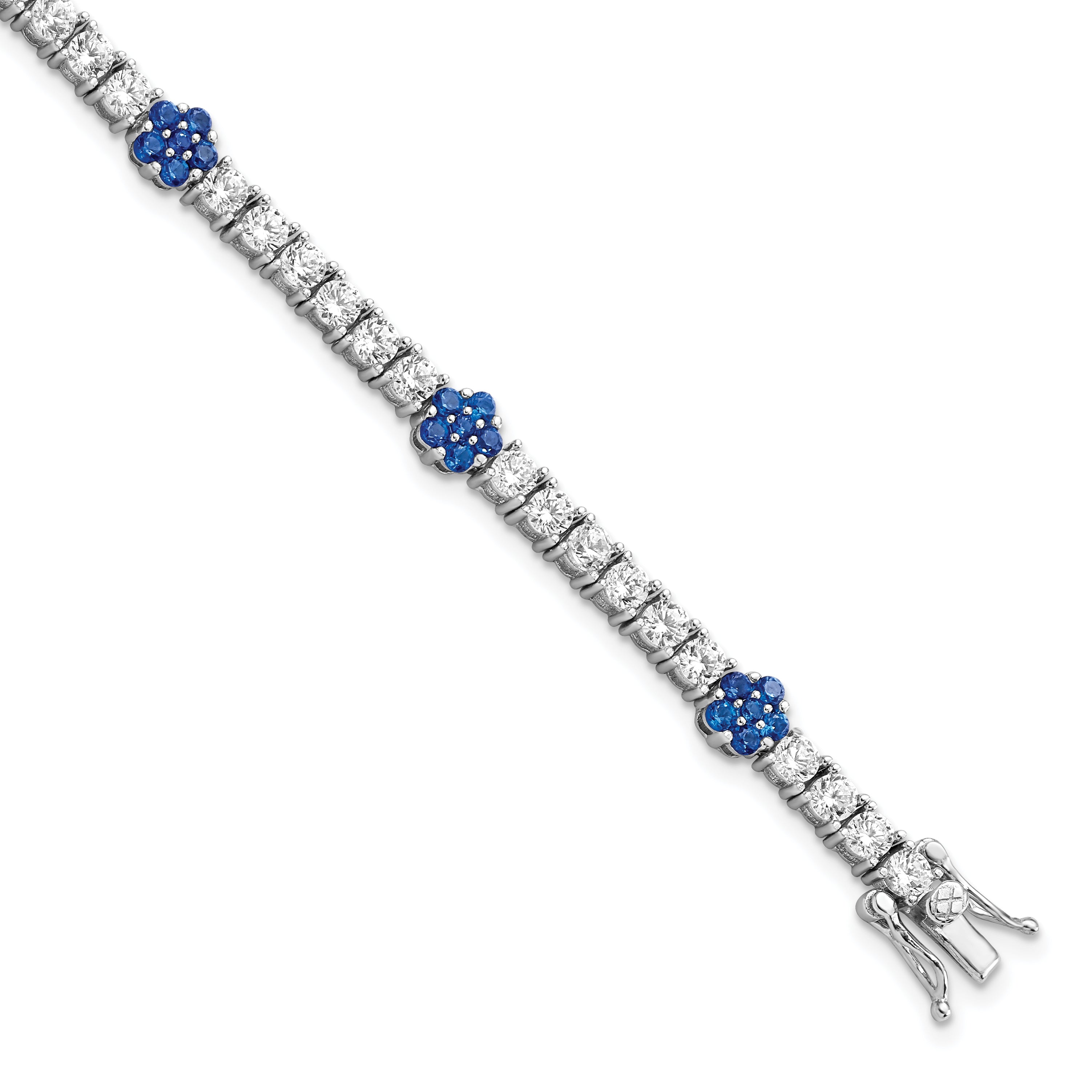 Sterling Silver Rhodium-plated Cr Blue Spinel & CZ Flower 7in Bracelet Main image
