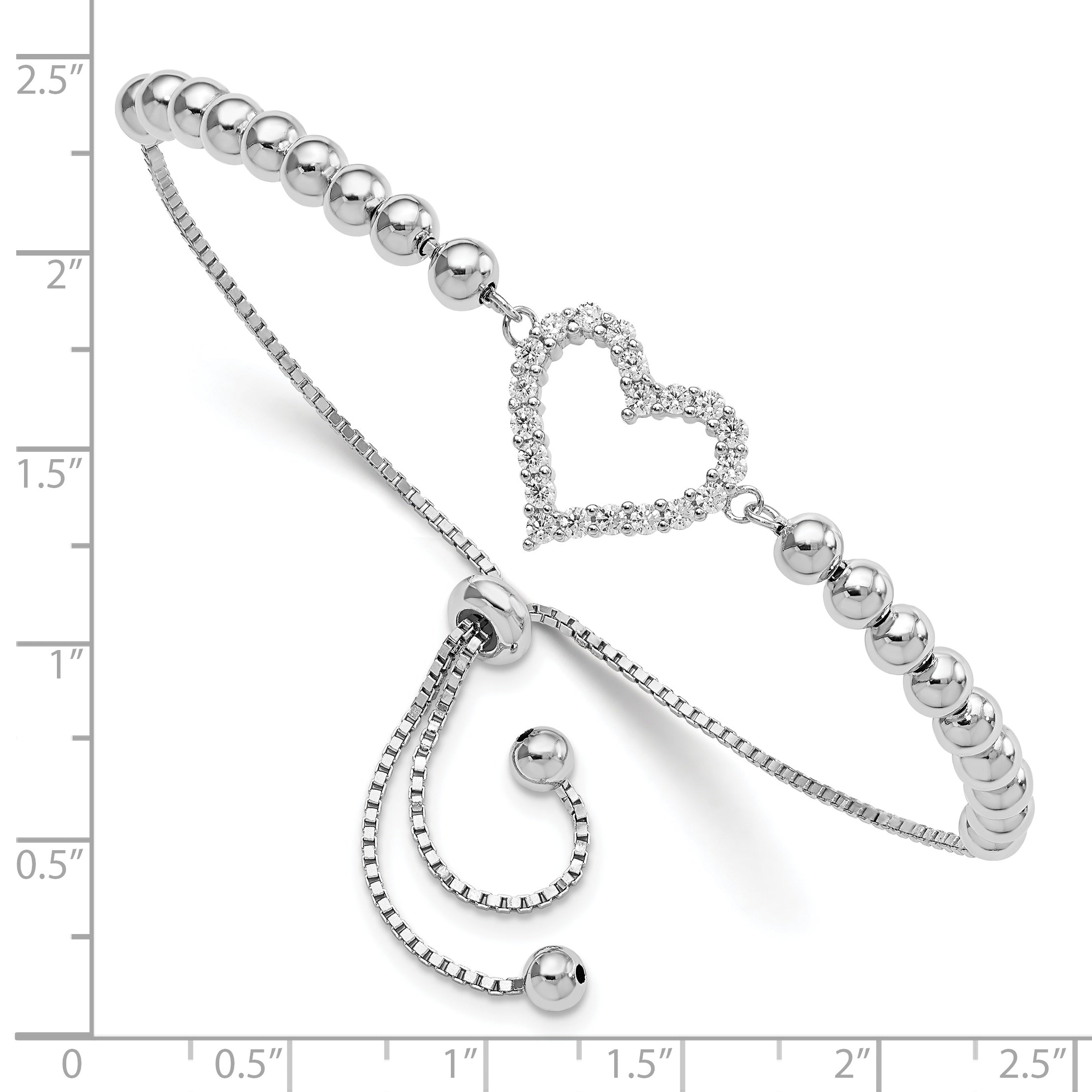 Sterling Silver Rhodium-plated Beaded CZ Heart Adjustable Bracelet Secondary image