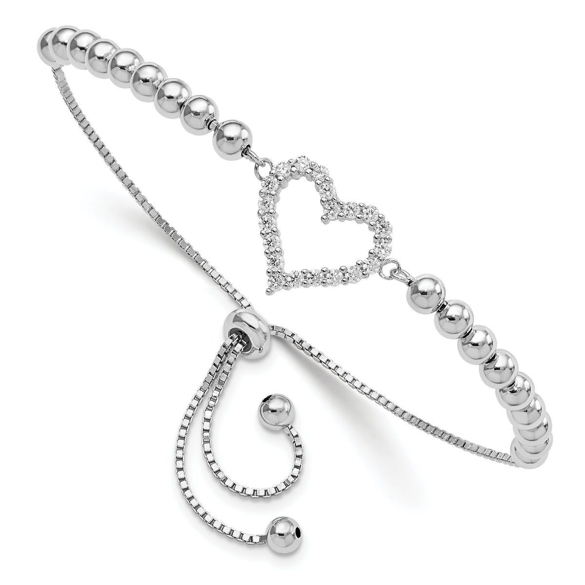Beaded Cubic Zirconia Heart Bolo Bracelet in Sterling Silver, 15.07mm Adjustable - Sophia Jewelers Main image