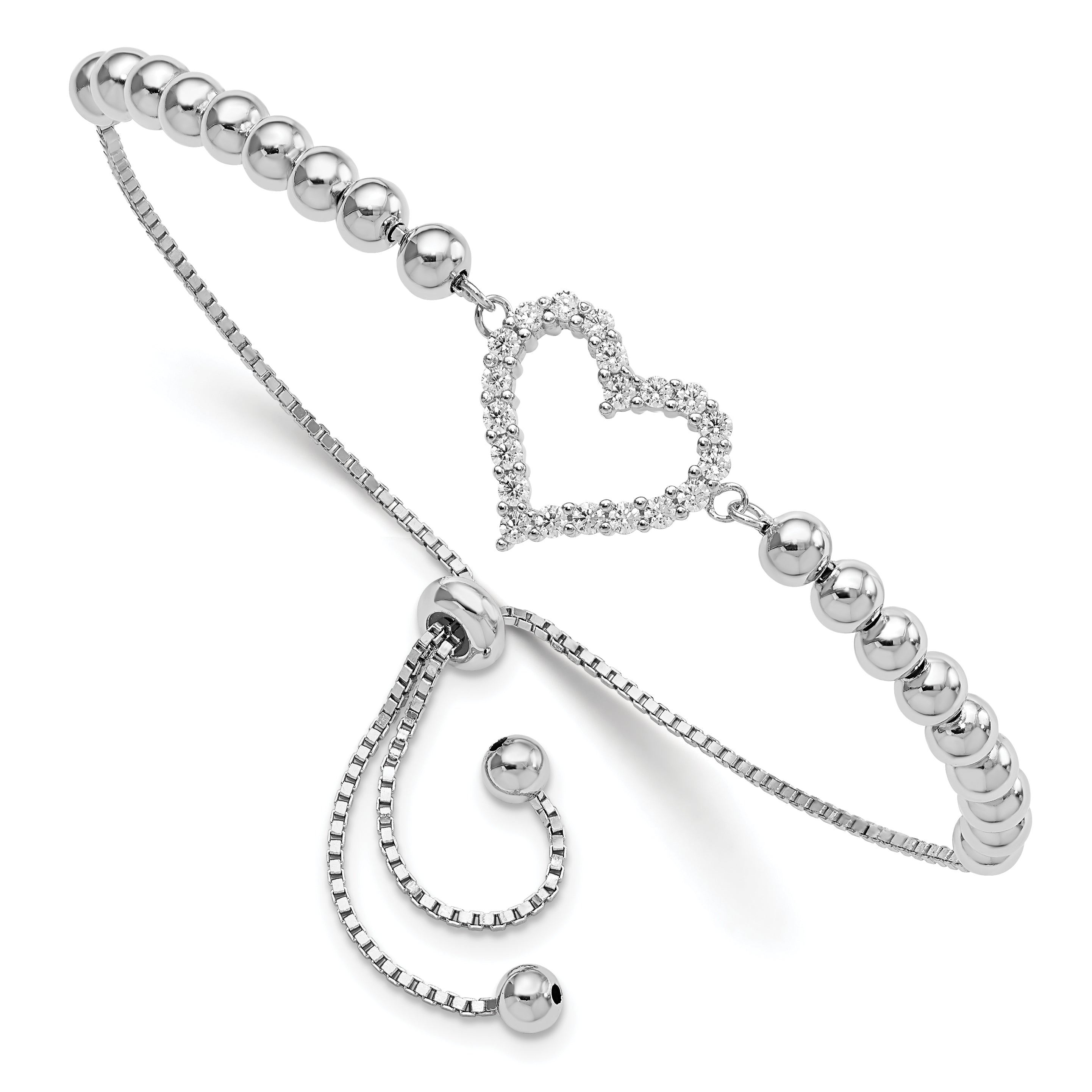 Sterling Silver Rhodium-plated Beaded CZ Heart Adjustable Bracelet Main image