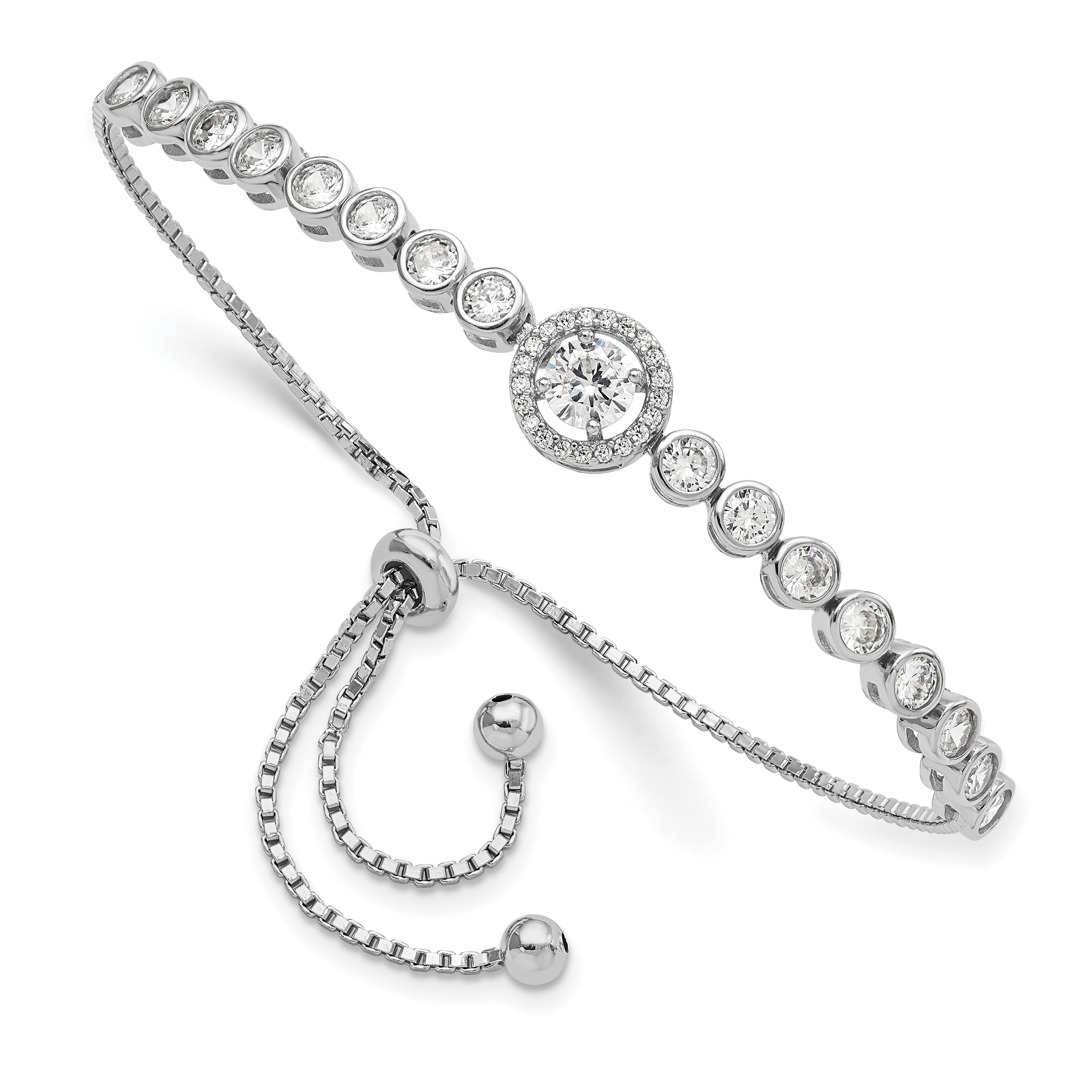 Sterling Silver Rhodium-plated Bezel Set CZ & Halo CZ Adjustable Bracelet Main image