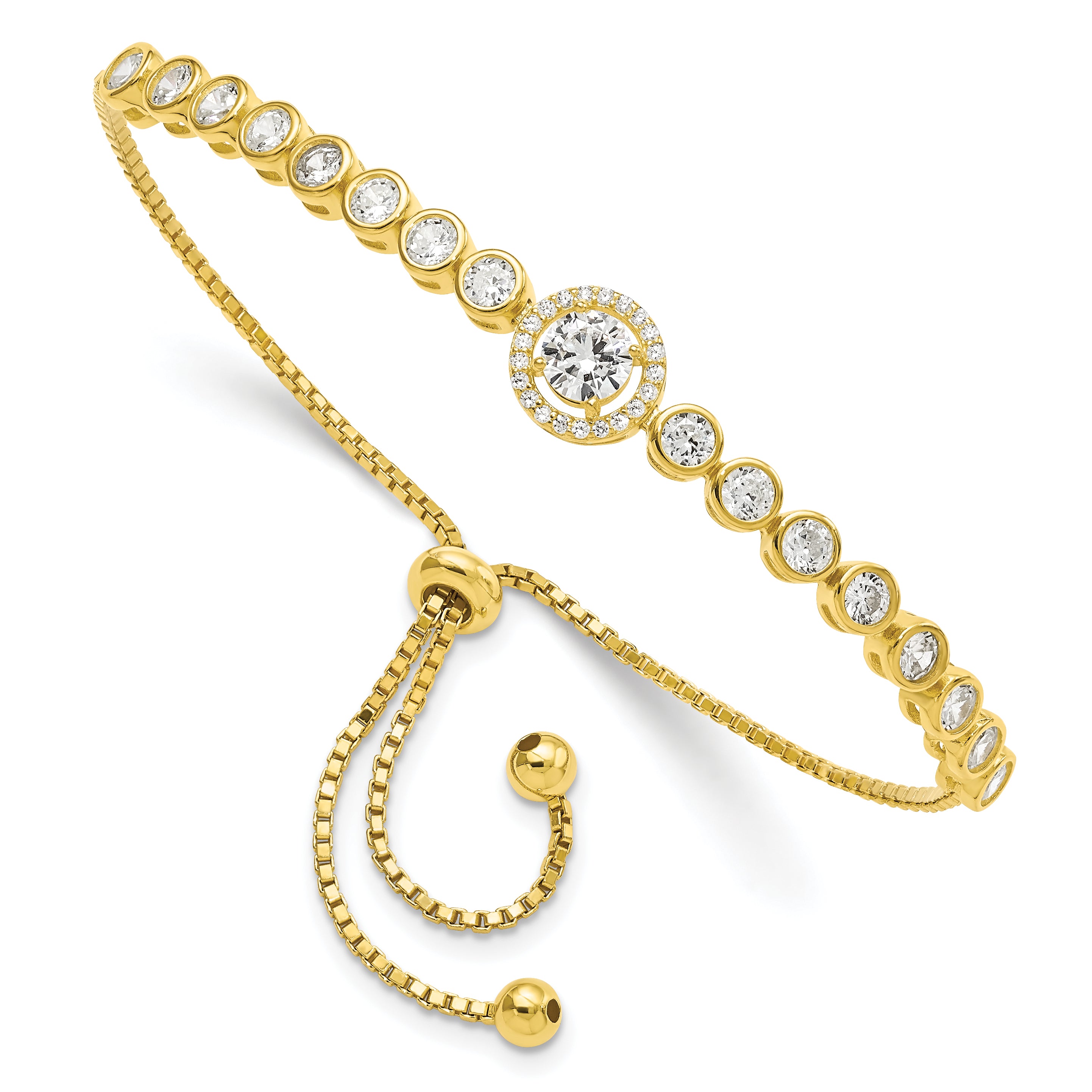 Sterling Silver Gold-tone Bezel Set CZ & CZ Halo Adjustable Bracelet Main image