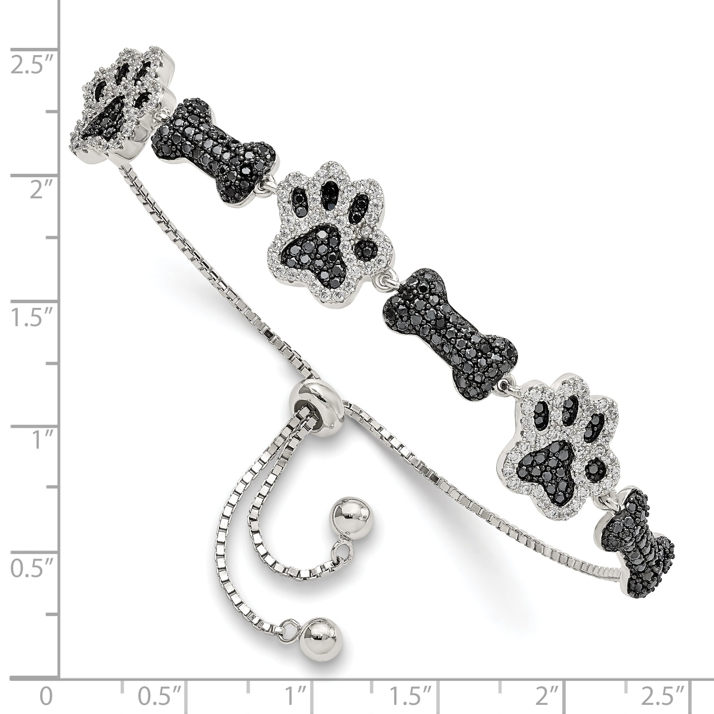 Sterling Silver Rhodium-plated CZ Paw Print & Dog Bone Adj Bracelet Secondary image