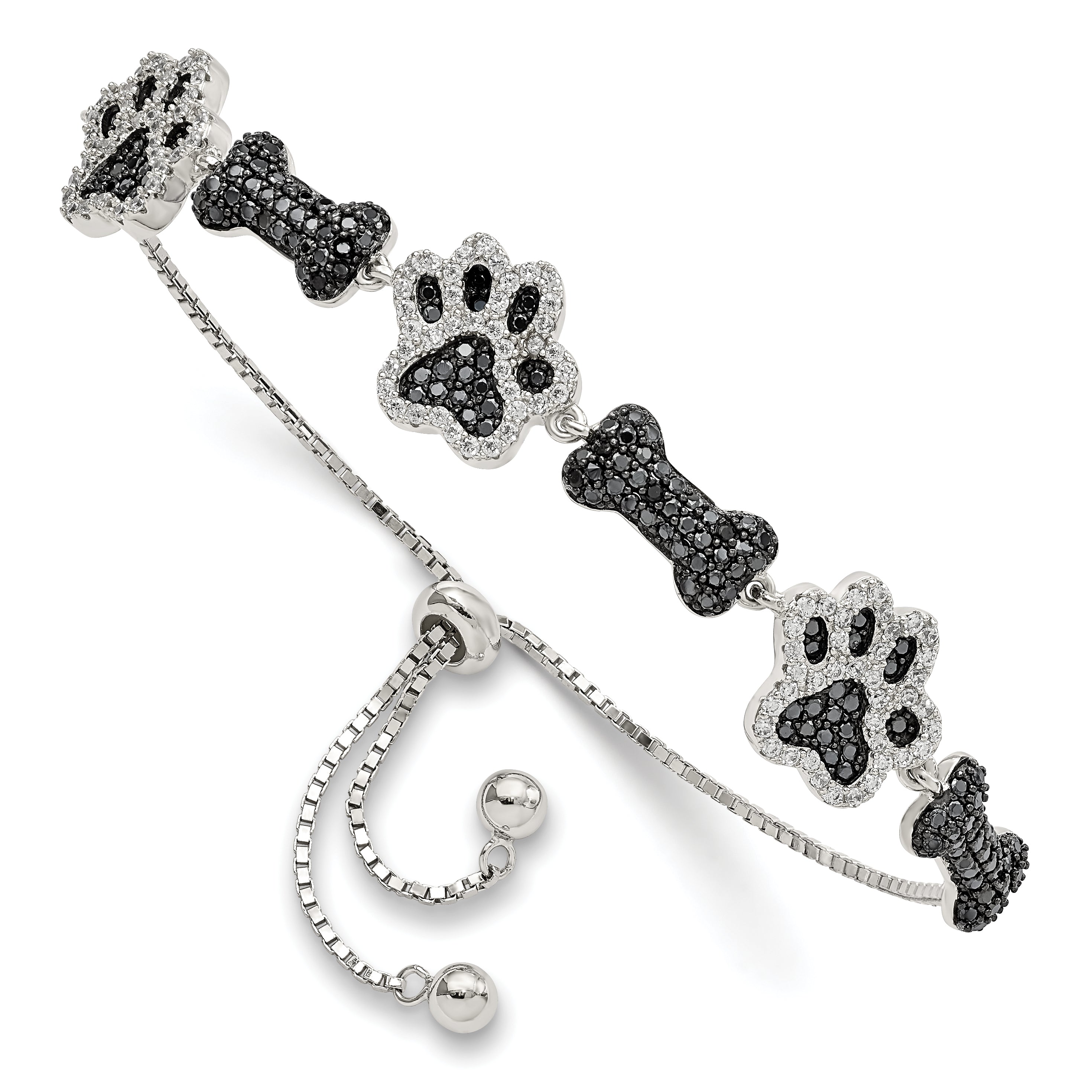Sterling Silver Rhodium-plated CZ Paw Print & Dog Bone Adj Bracelet Main image