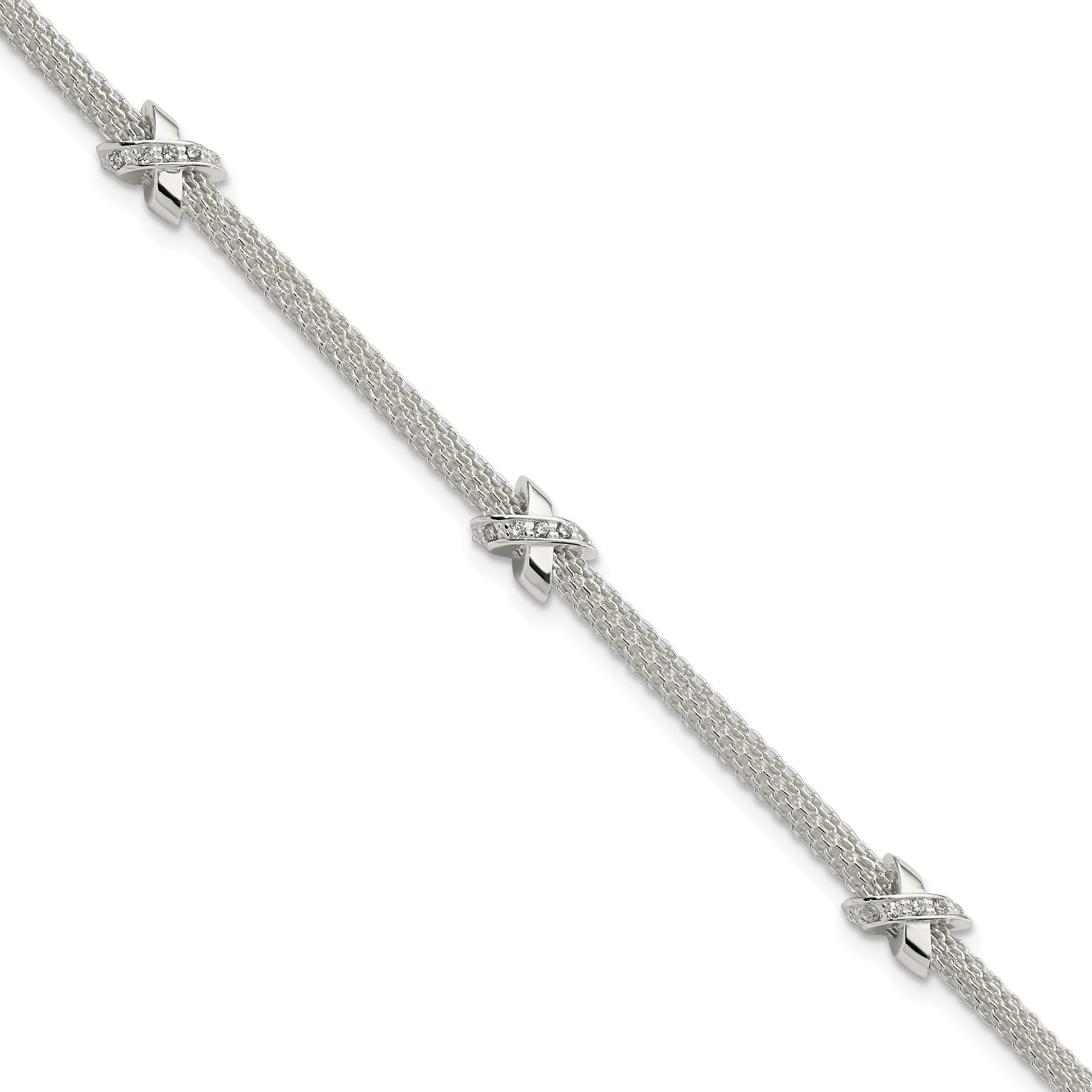 Sterling Silver Rhodium-Rhodium-Plated Polished CZ Xs w/ 1in ext Bracelet Main image