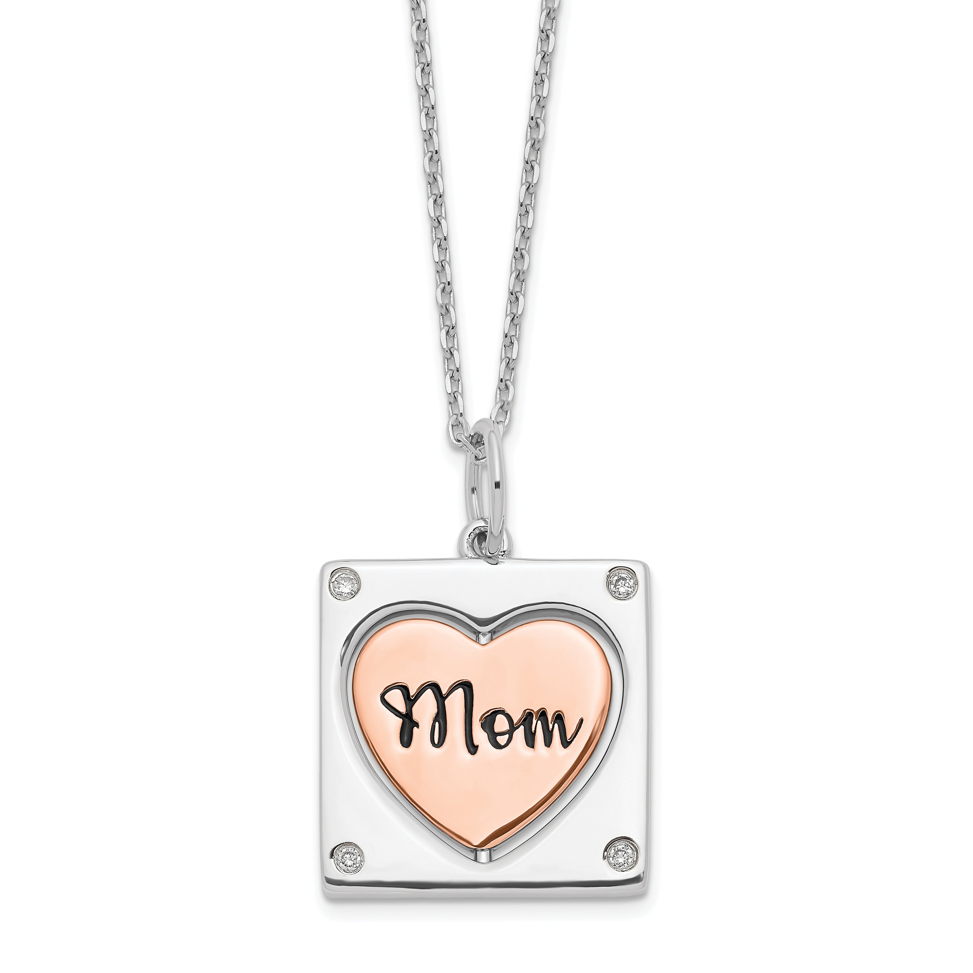 Sterling SilverRhodium-Rhodium-Plated Rose-tone MOM/LOVE Heart Center Spins CZ w/2in ex