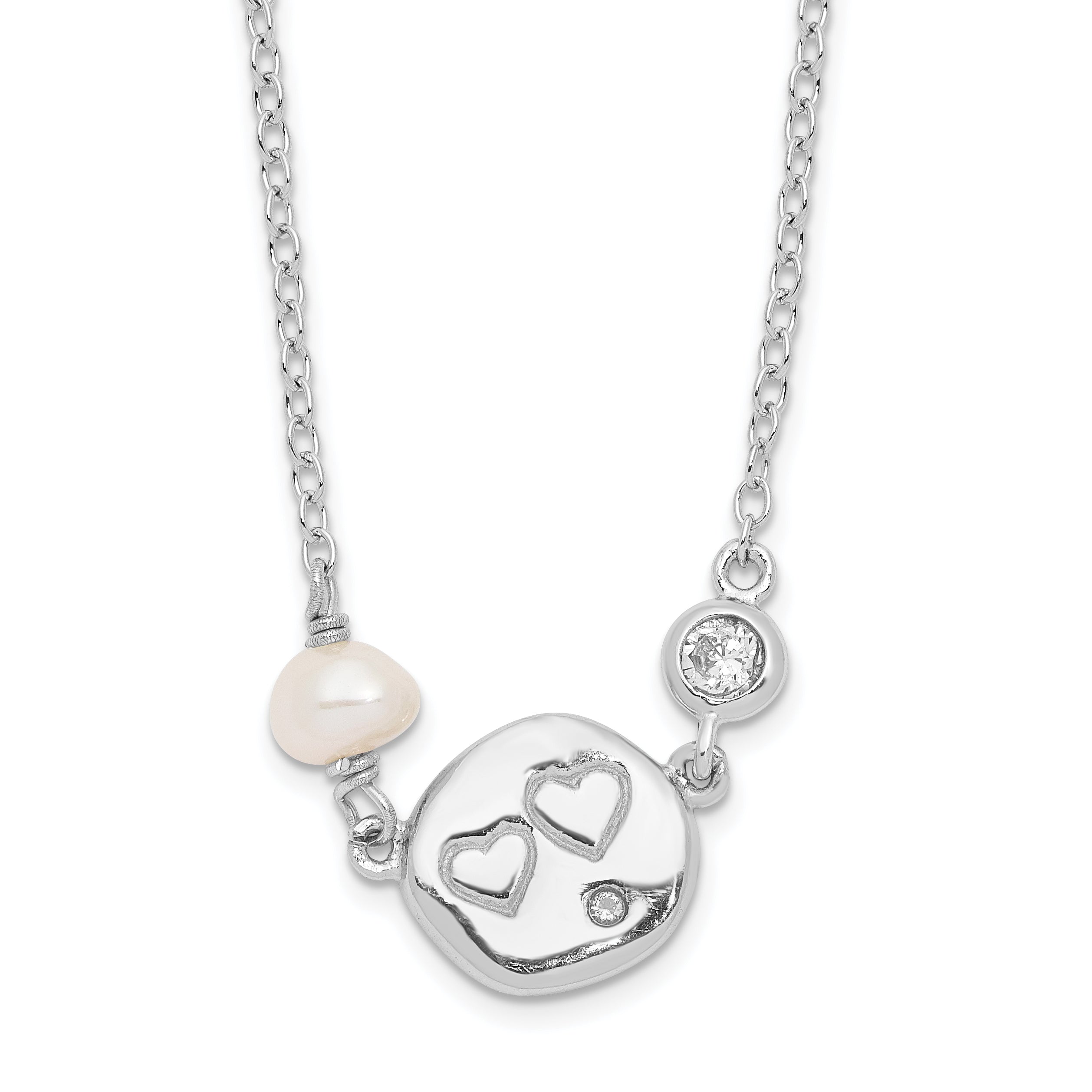 Sterling Silver Rhodium-Rhodium-Plated CZ FW Cultured Pearl w/Hearts Necklace