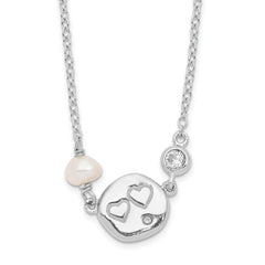 Sterling Silver Rhodium-Rhodium-Plated CZ FW Cultured Pearl w/Hearts Necklace