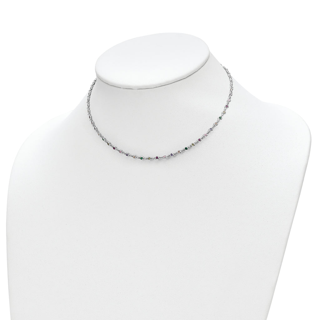 Sterling Silver Rhodium-plated Polished Multi-color CZ w/3 IN EXT Choker