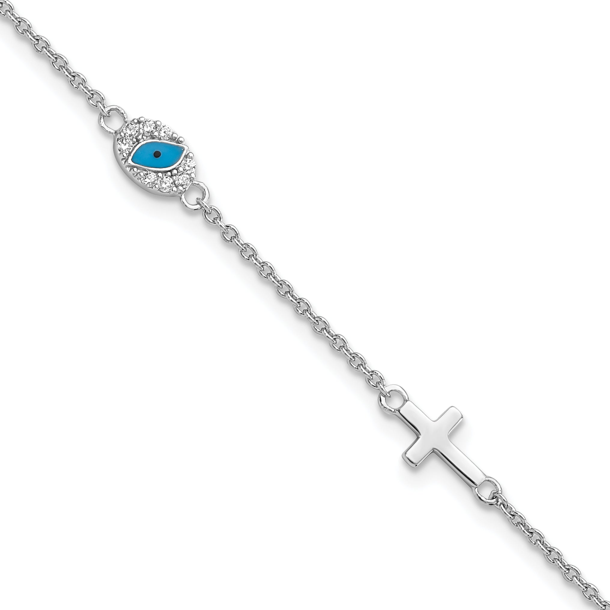 Sterling Silver Rhodium-Plated CZ Enamel Cross w/Eye 6.5in w/1in ext Bracelet