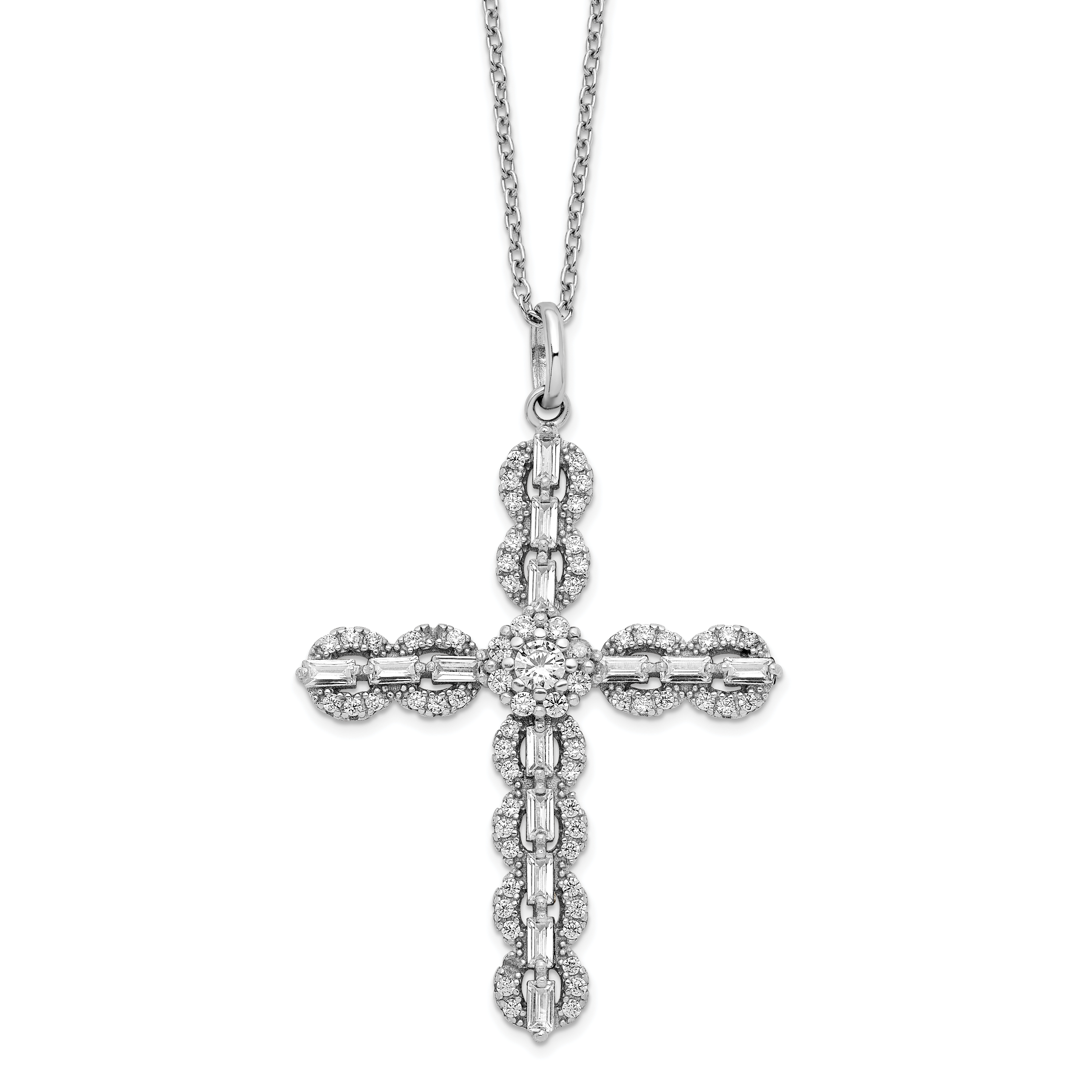 Sterling Silver Rhodium-Rhodium-Plated Polished CZ Cross Necklace