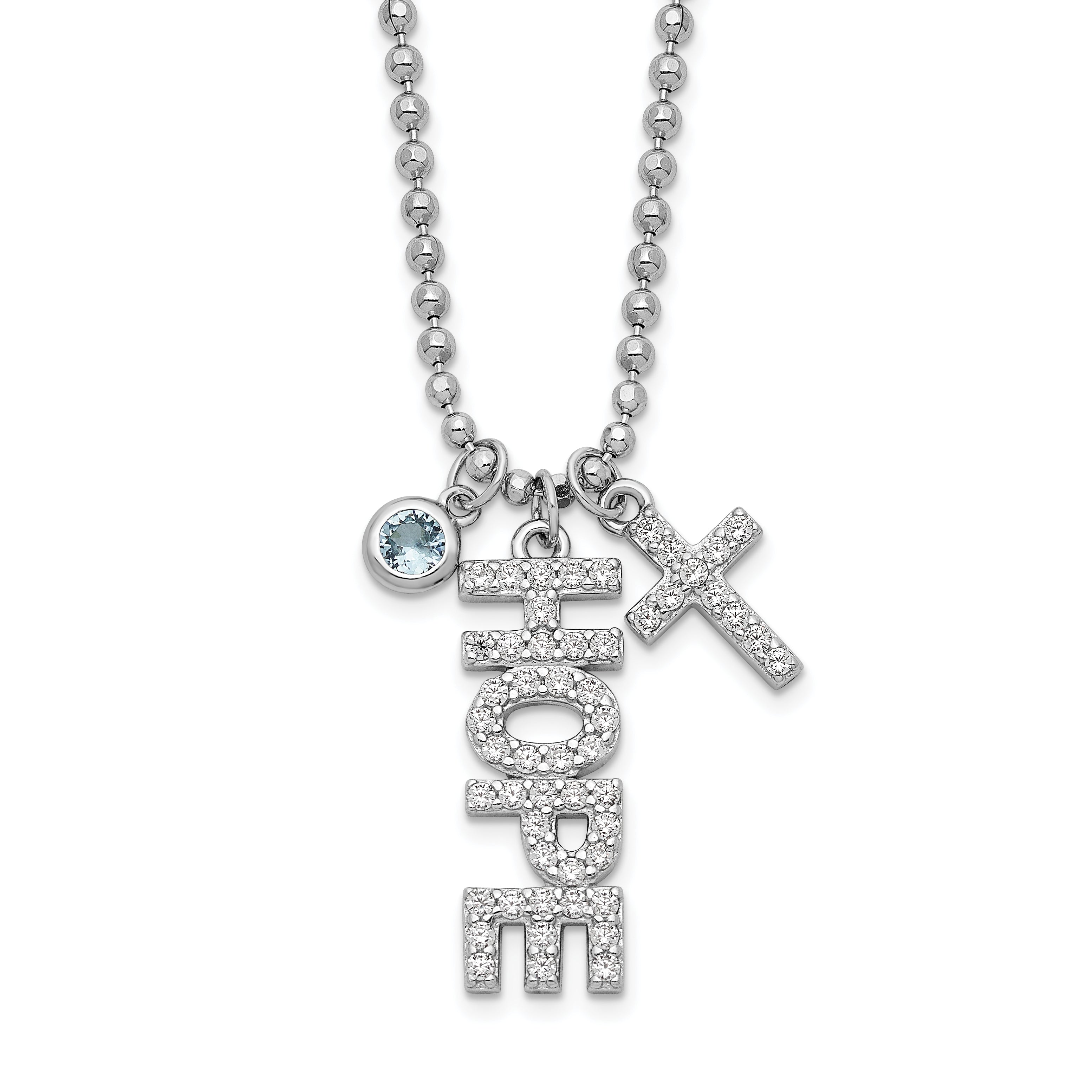 Sterling Silver Rhodium-Rhodium-Plated CZ and Cross D/C Bead Chain Necklace