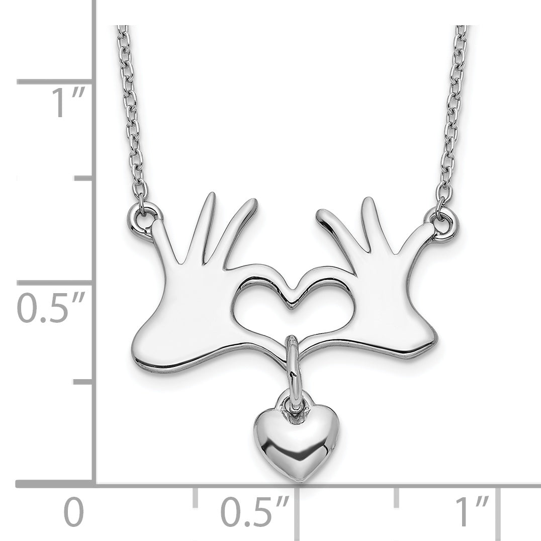Sterling Silver Rhodium-plated Hands Heart w/Dangle Heart Necklace Secondary image