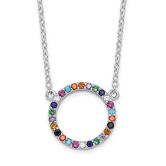 Sterling Silver Rhodium-plated Polished Multi-color Circle CZ Necklace
