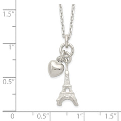 Sterling Silver Polished Eiffel Tower & Heart Necklace