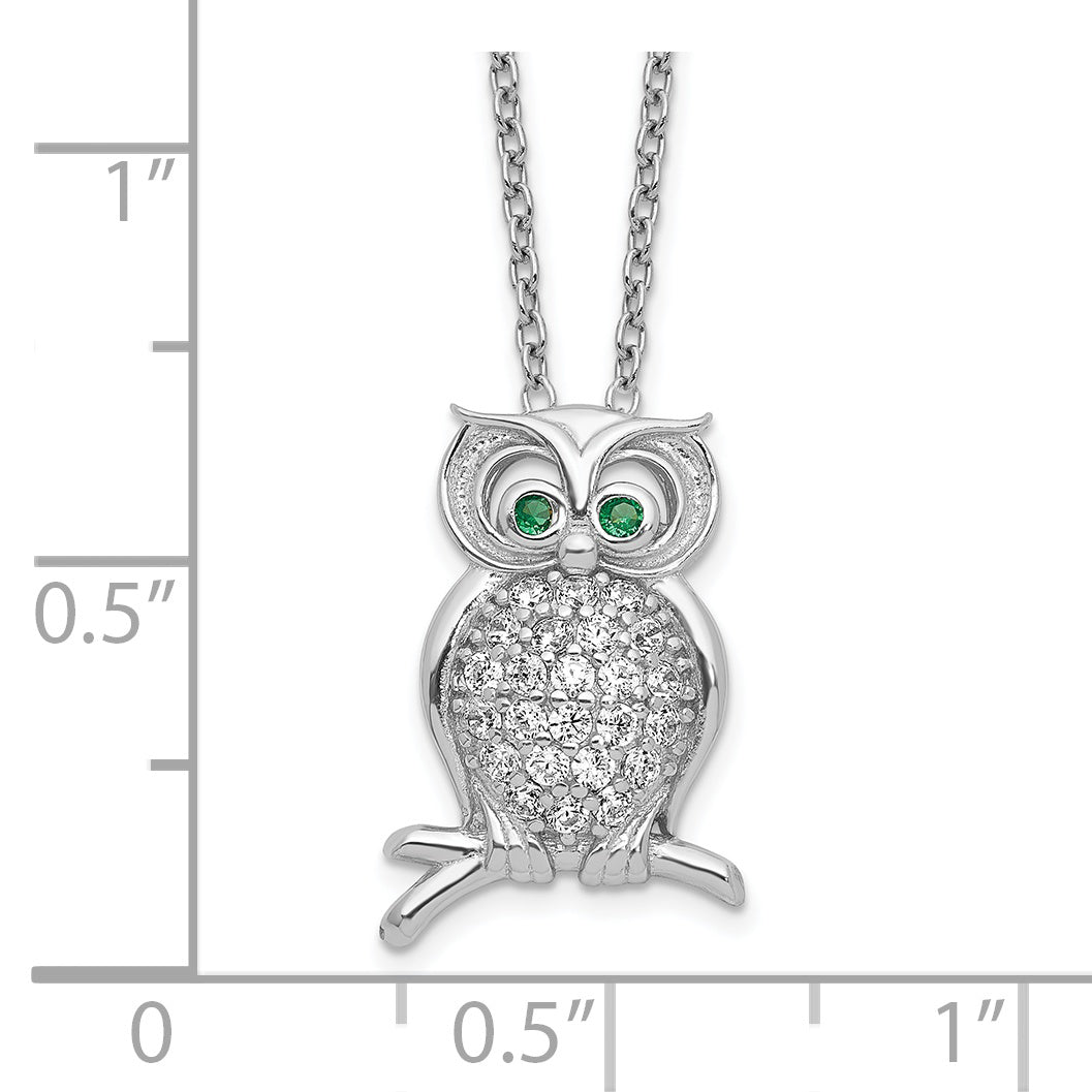 Sterling Silver Polished Rhodium-plated Green/Clear CZ Owl 18in Necklace Secondary image