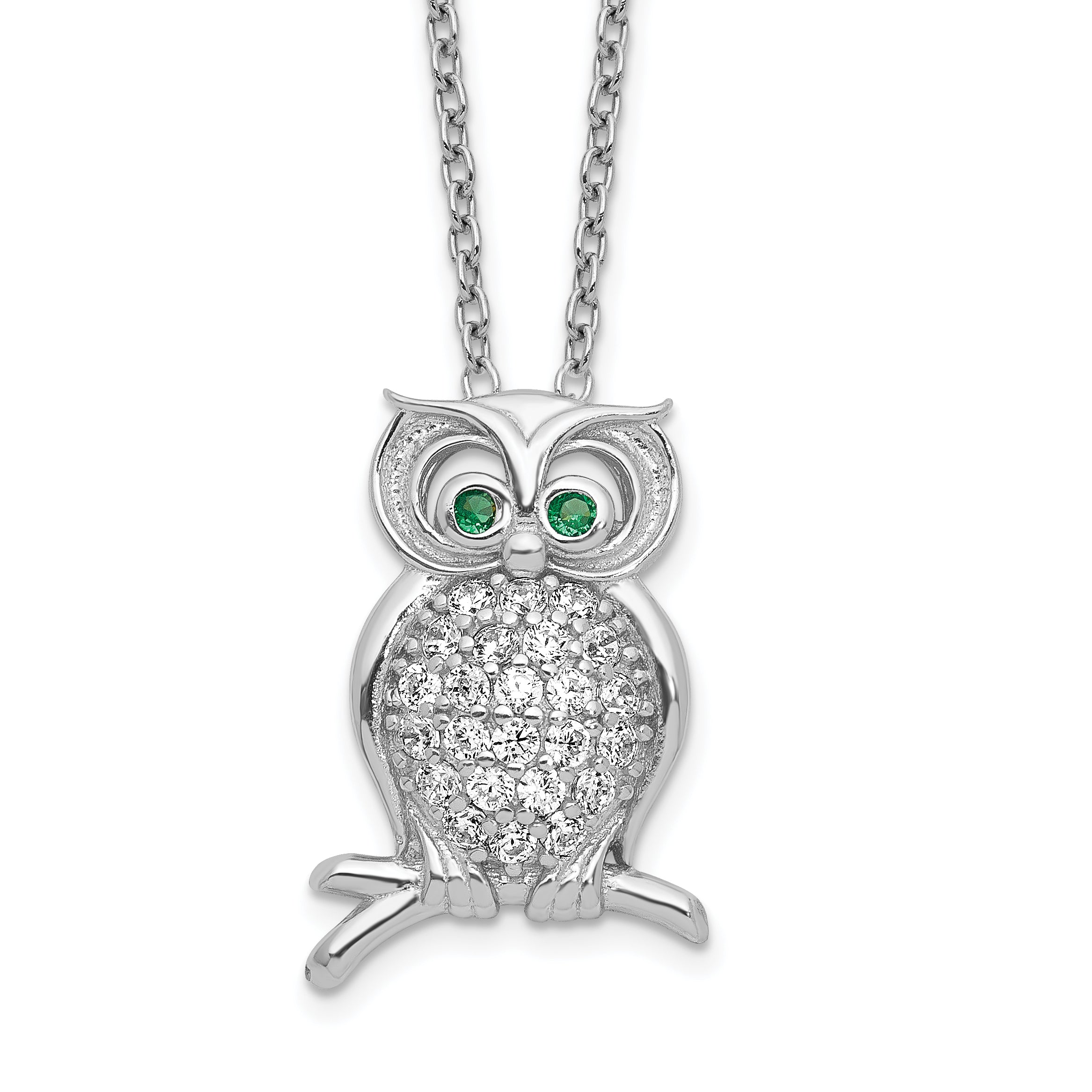 Sterling Silver Polished Rhodium-plated Green/Clear CZ Owl 18in Necklace Main image