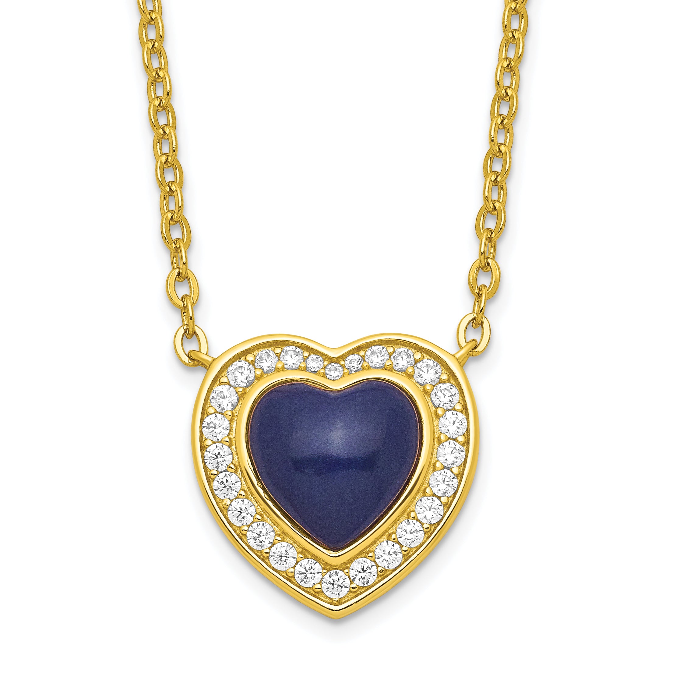 Sterling Silver Gold-tone CZ & Created Lapis Lazuli Heart w/2in ext Necklac Main image