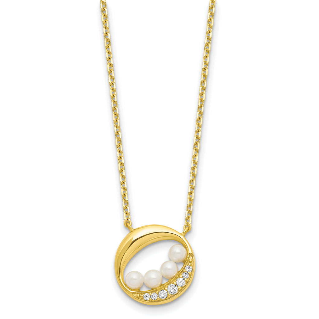 Sterling Silver Gold-tone CZ & Shell Pearl 2in ext Necklace