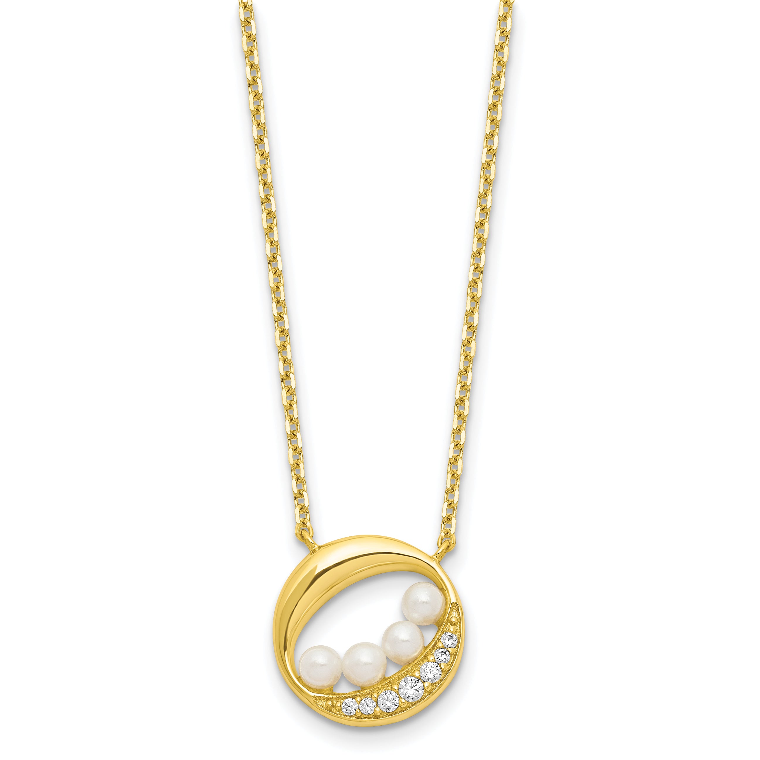 Sterling Silver Gold-tone CZ & Shell Pearl 2in ext Necklace