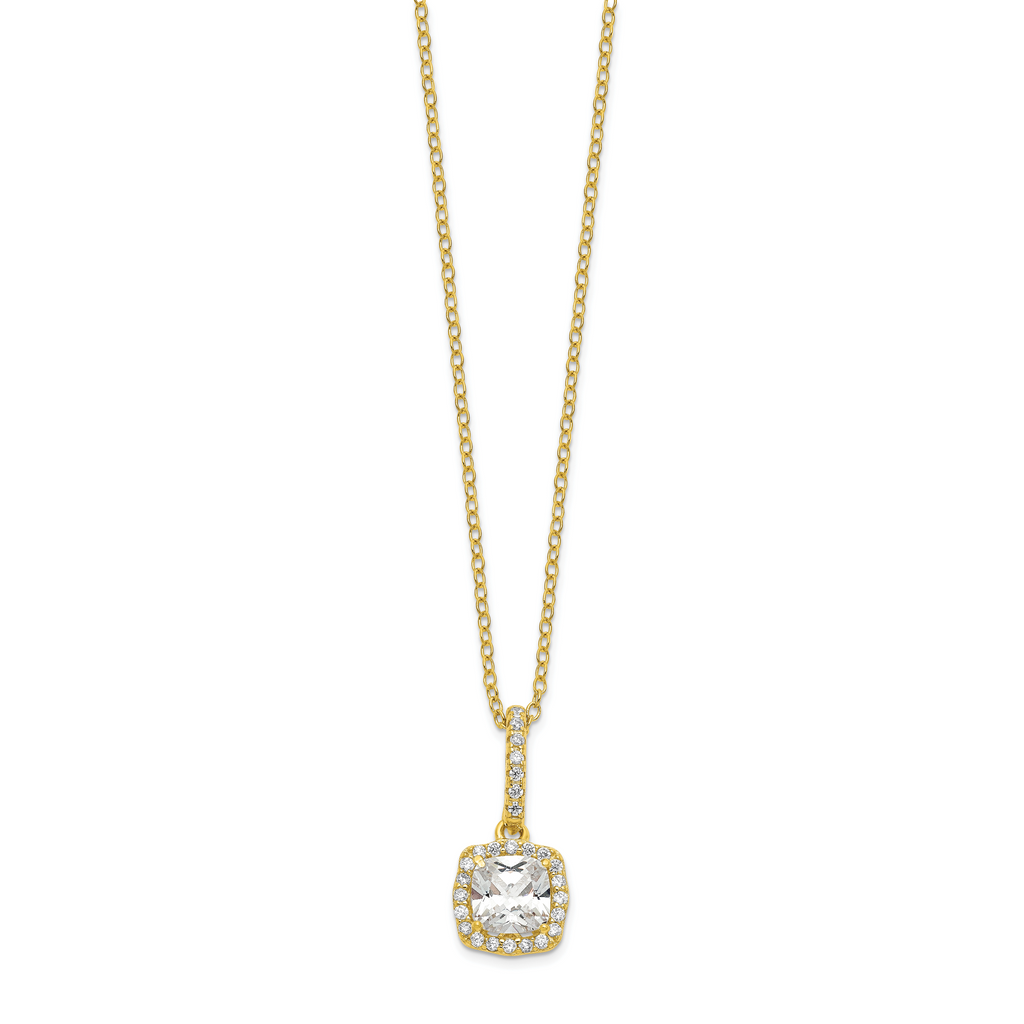 Sterling Silver Polished Gold-tone CZ 18in Necklace/Post Earrings Set
