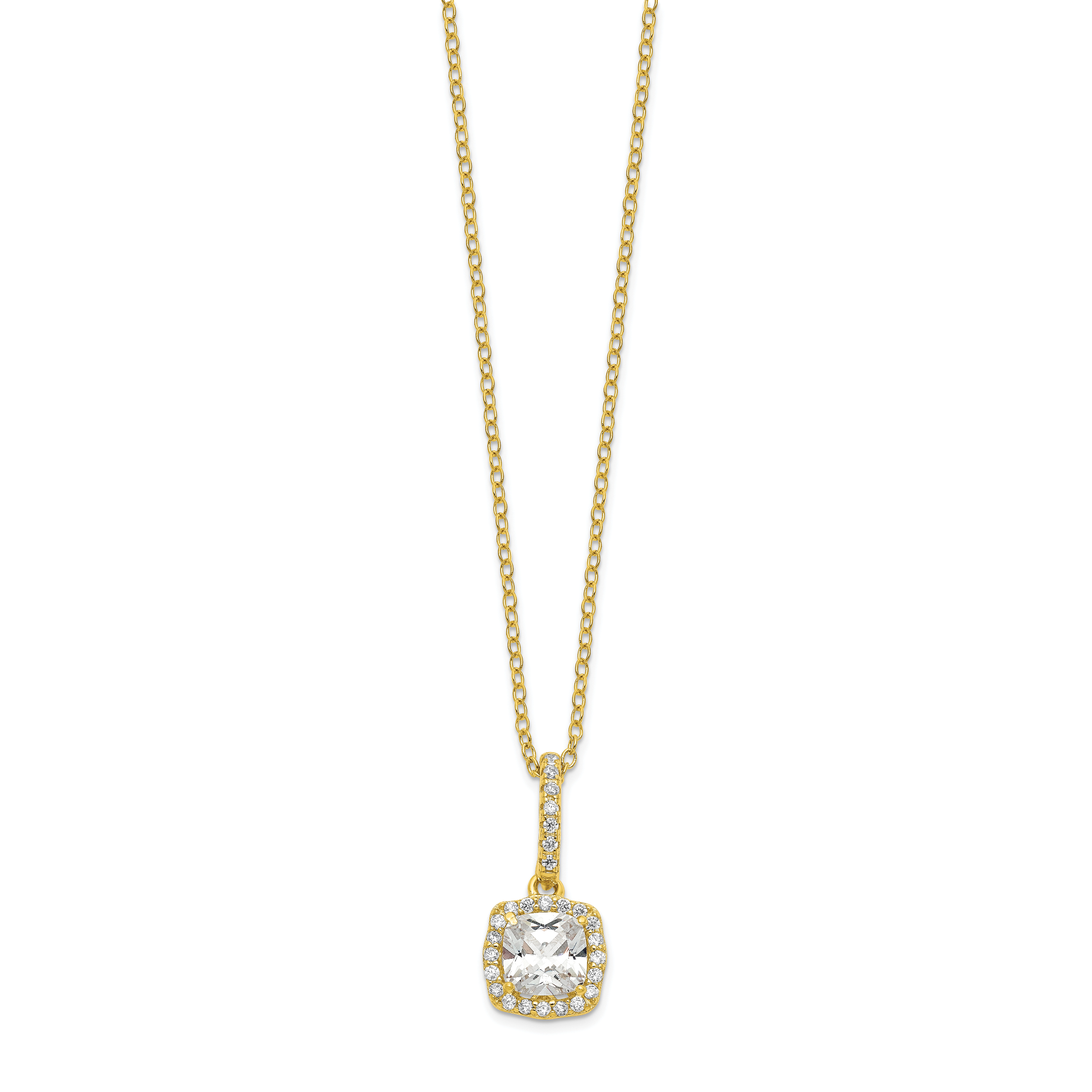 Sterling Silver Polished Gold-tone CZ 18in Necklace/Post Earrings Set