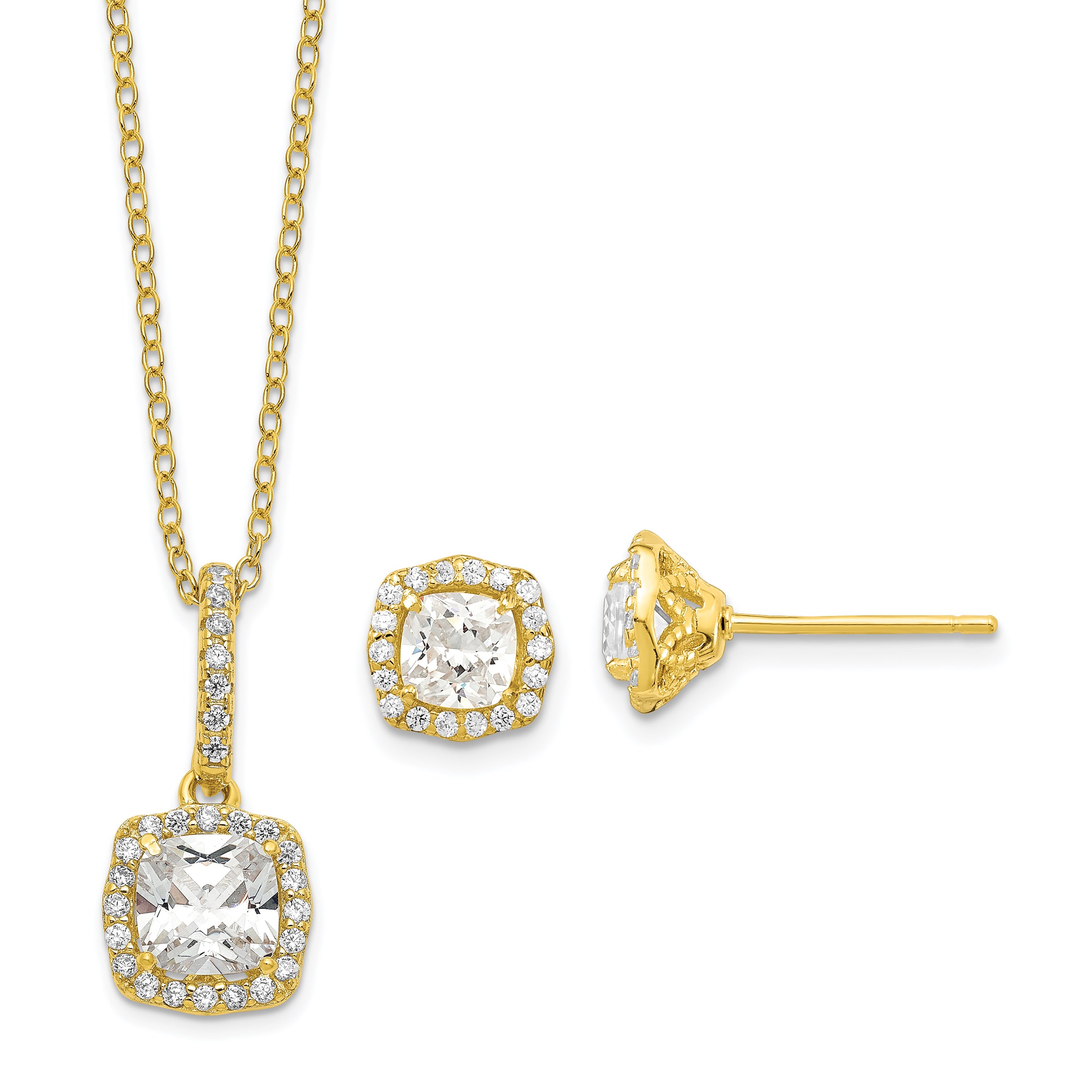 Sterling Silver Polished Gold-tone CZ 18in Necklace/Post Earrings Set Main image