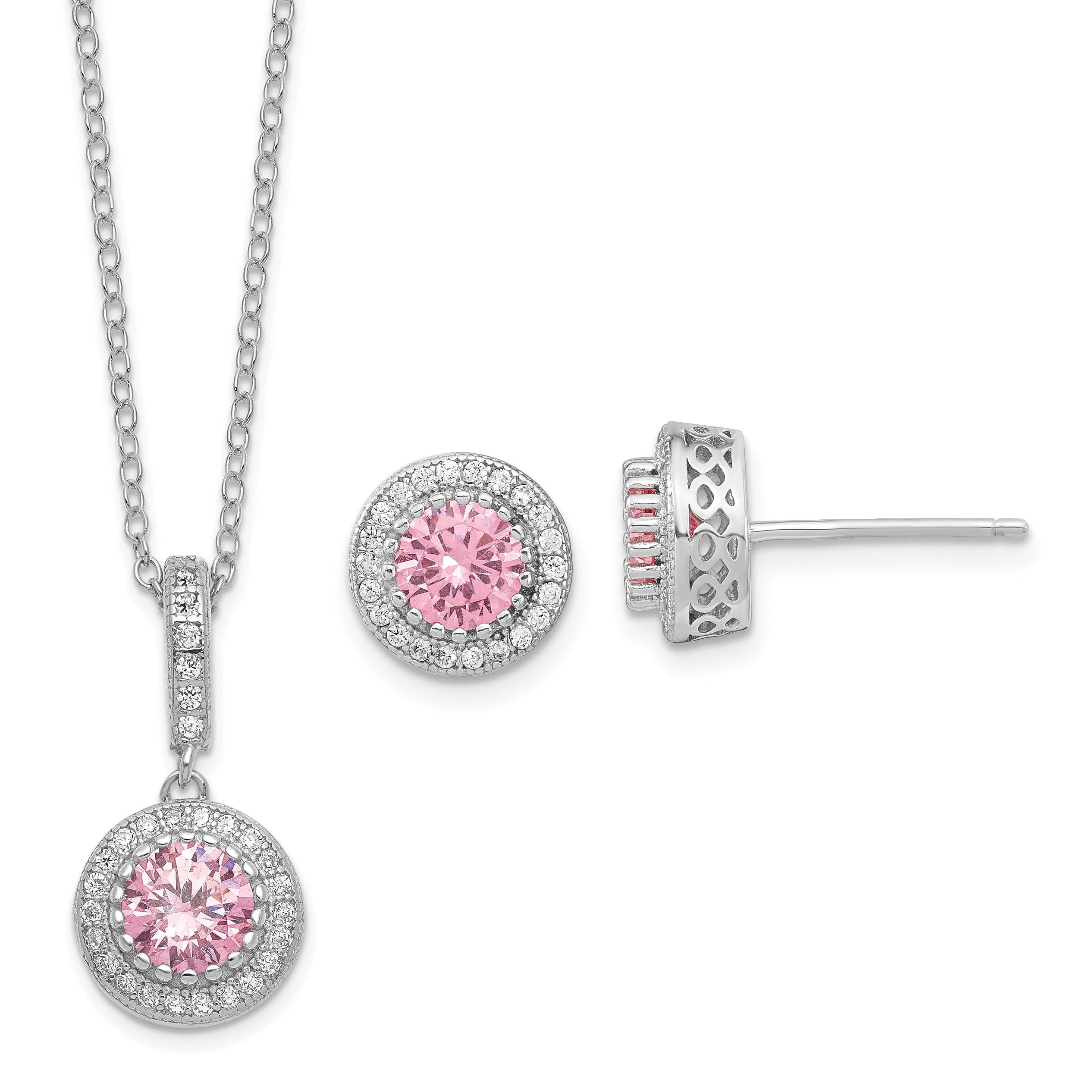 Sterling Silver Polished Rhodium-plated CZ 18in Necklace/Post Earrings Set Main image
