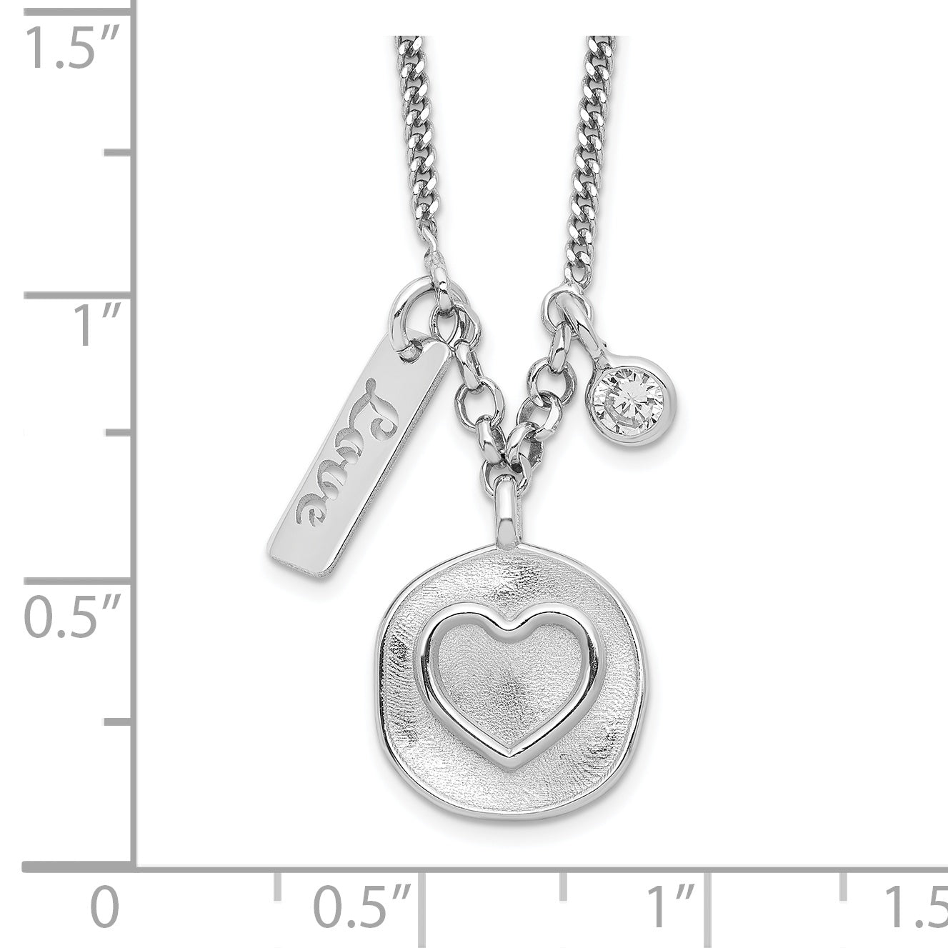 Sterling Silver Rhodium-plated Satin Heart/Love/CZ w/1.5in Ext Necklace Secondary image