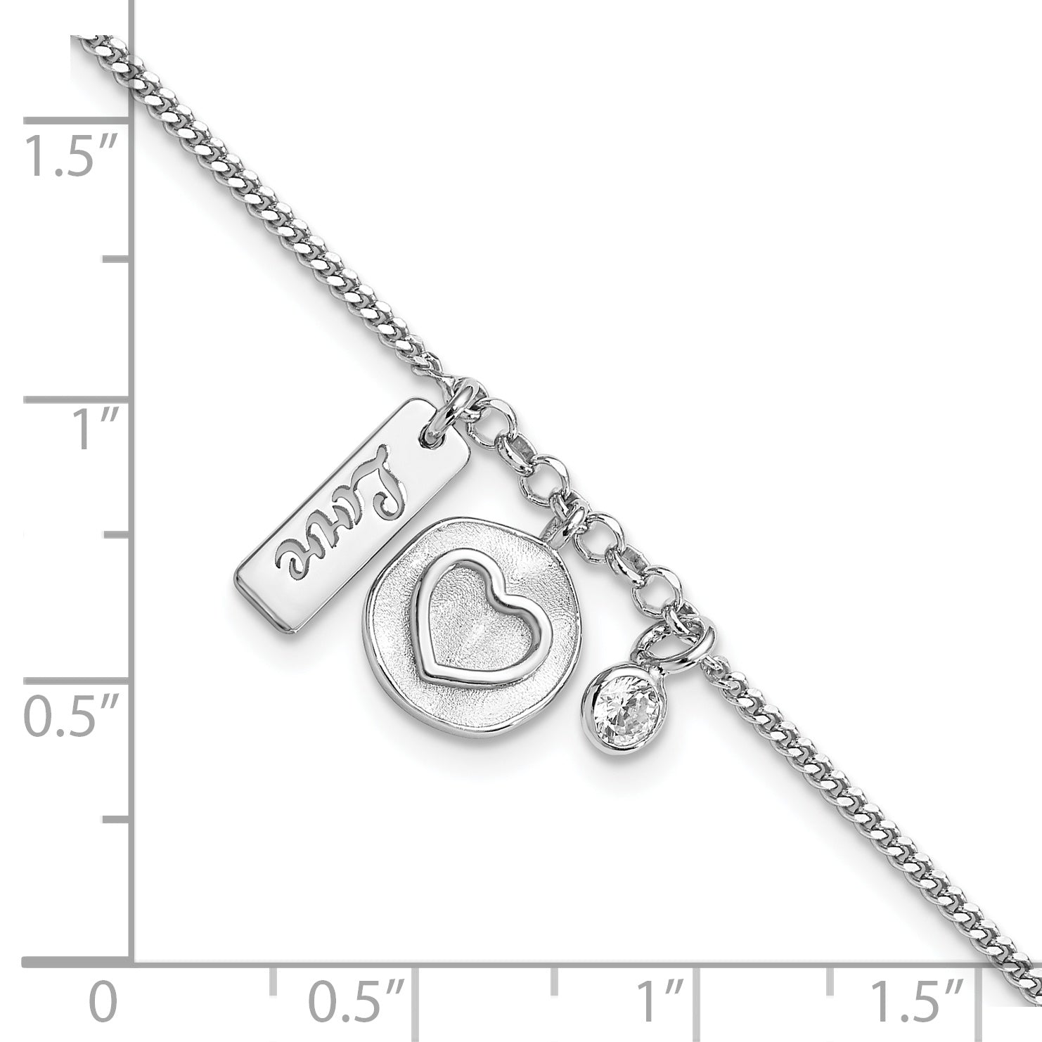 Sterling Silver Rhodium-plated Satin Heart Love CZ with .5in Ext Bracelet Secondary image