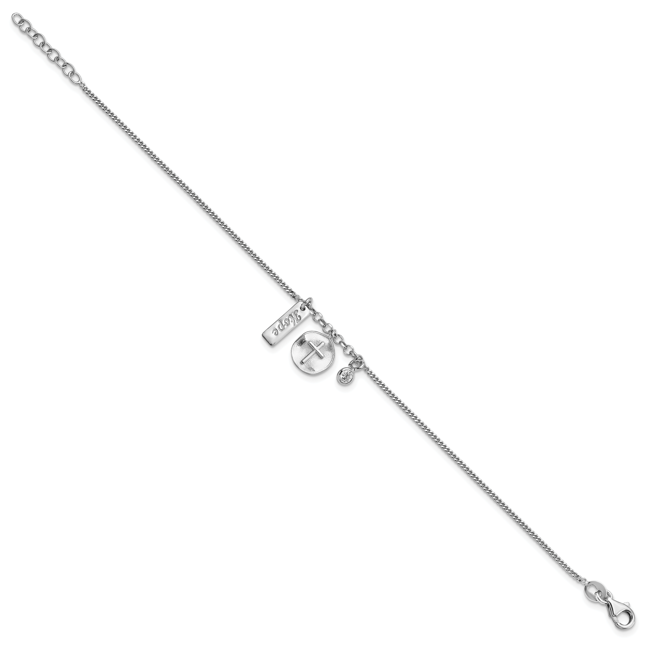 Sterling Silver Rhodium-plated Satin Cross Hope CZ with .5in Ext Bracelet Secondary image