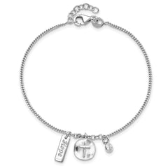 Sterling Silver Rhodium-plated Satin Cross Hope CZ with .5in Ext Bracelet
