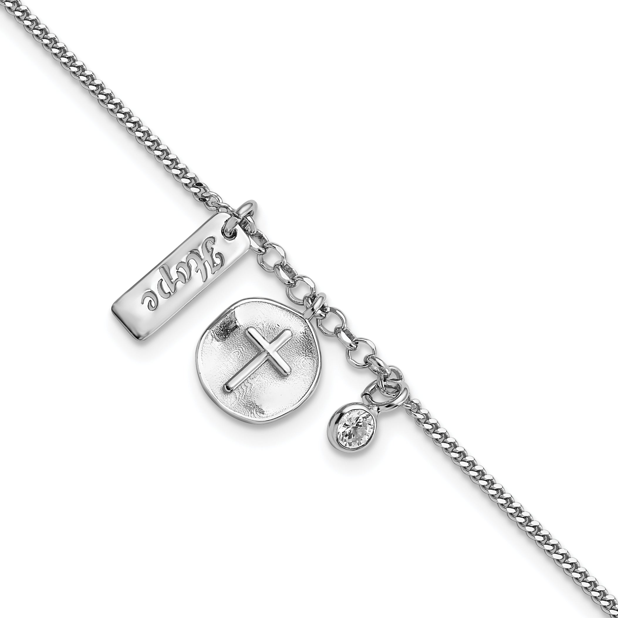 Sterling Silver Rhodium-plated Satin Cross Hope CZ with .5in Ext Bracelet Main image