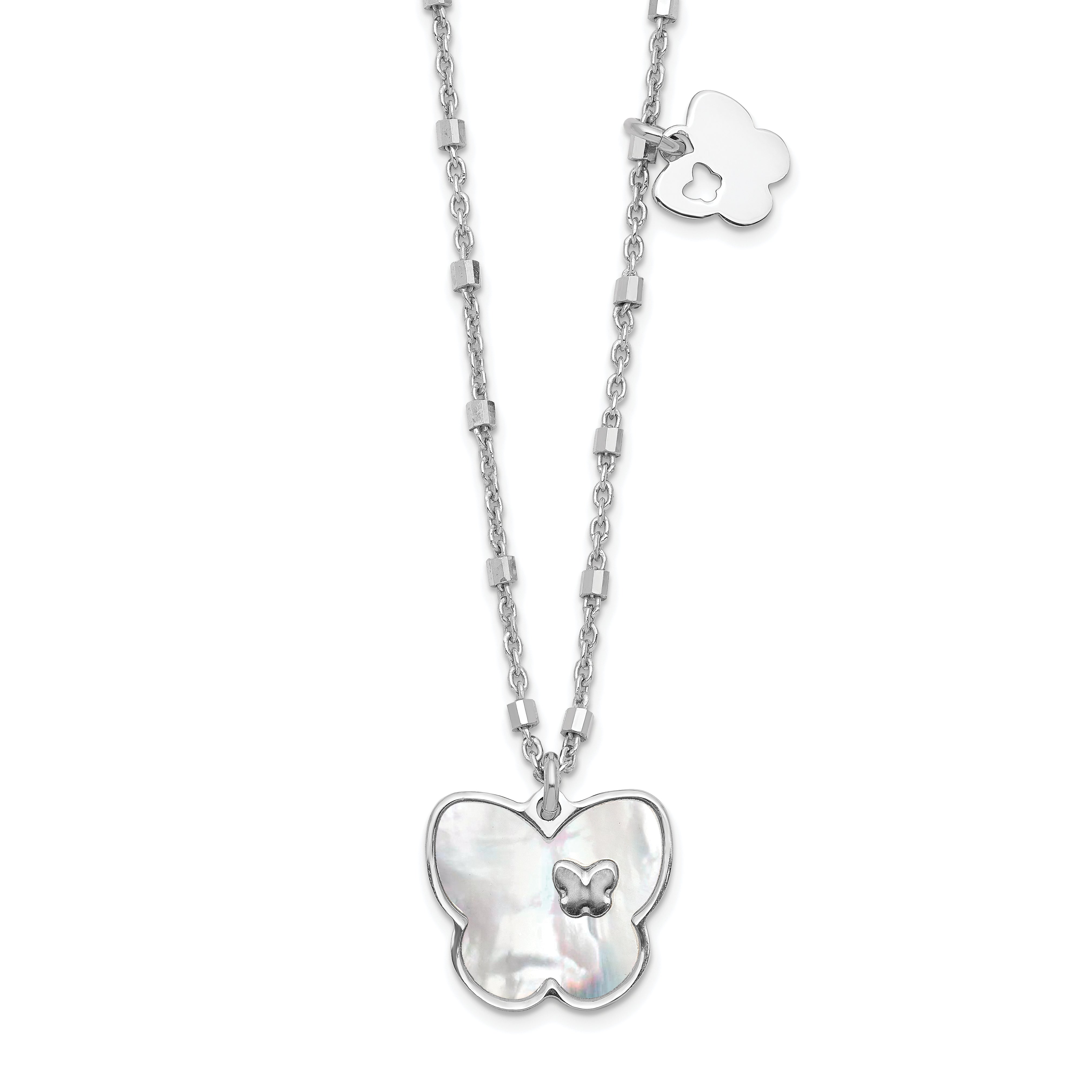 Sterling Silver Rhodium-plate Mother of Pearl Butterfly w/1in Ext Necklace Main image