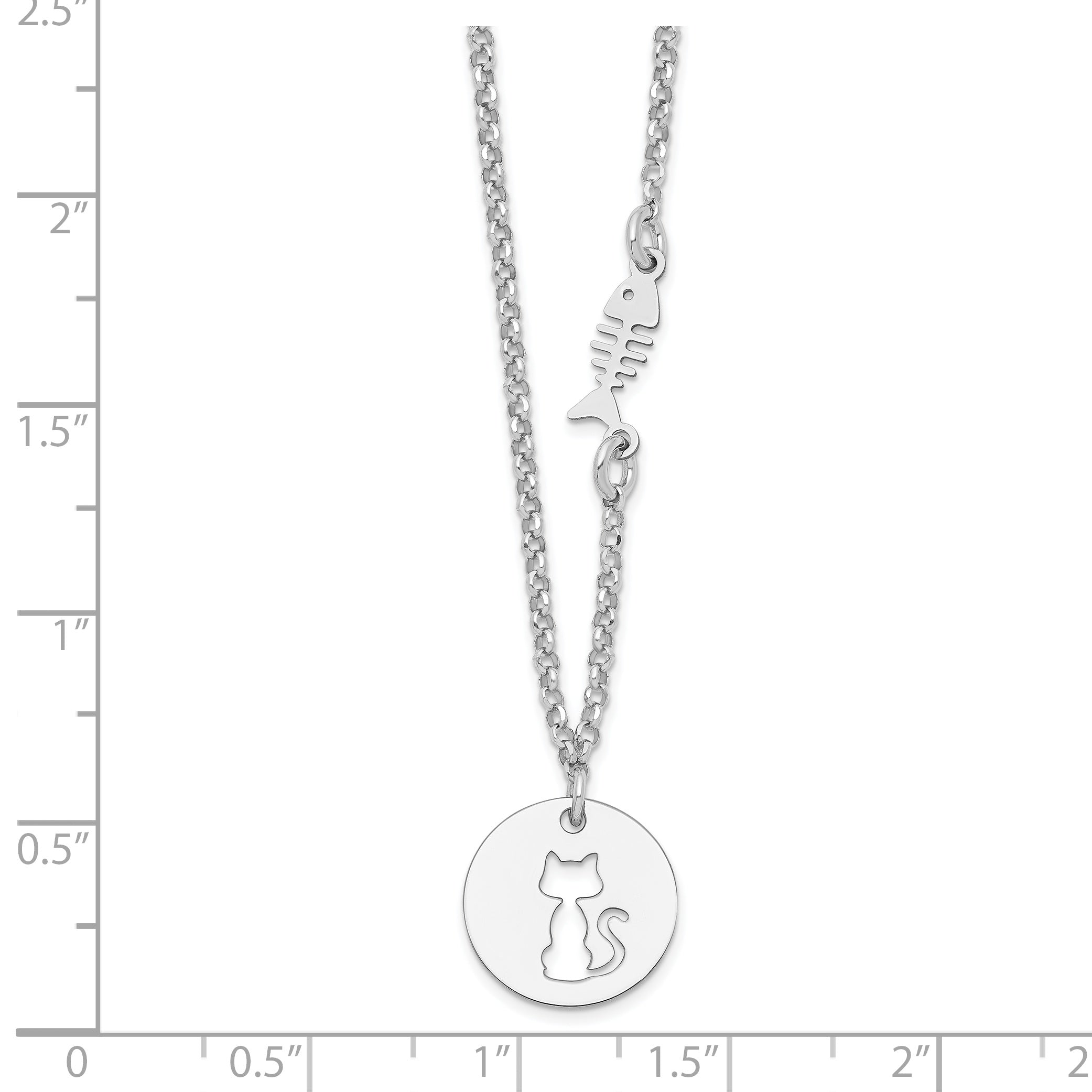 Sterling Silver Rhodium-plated Kitty and Fish w/1 in Ext Necklace Secondary image