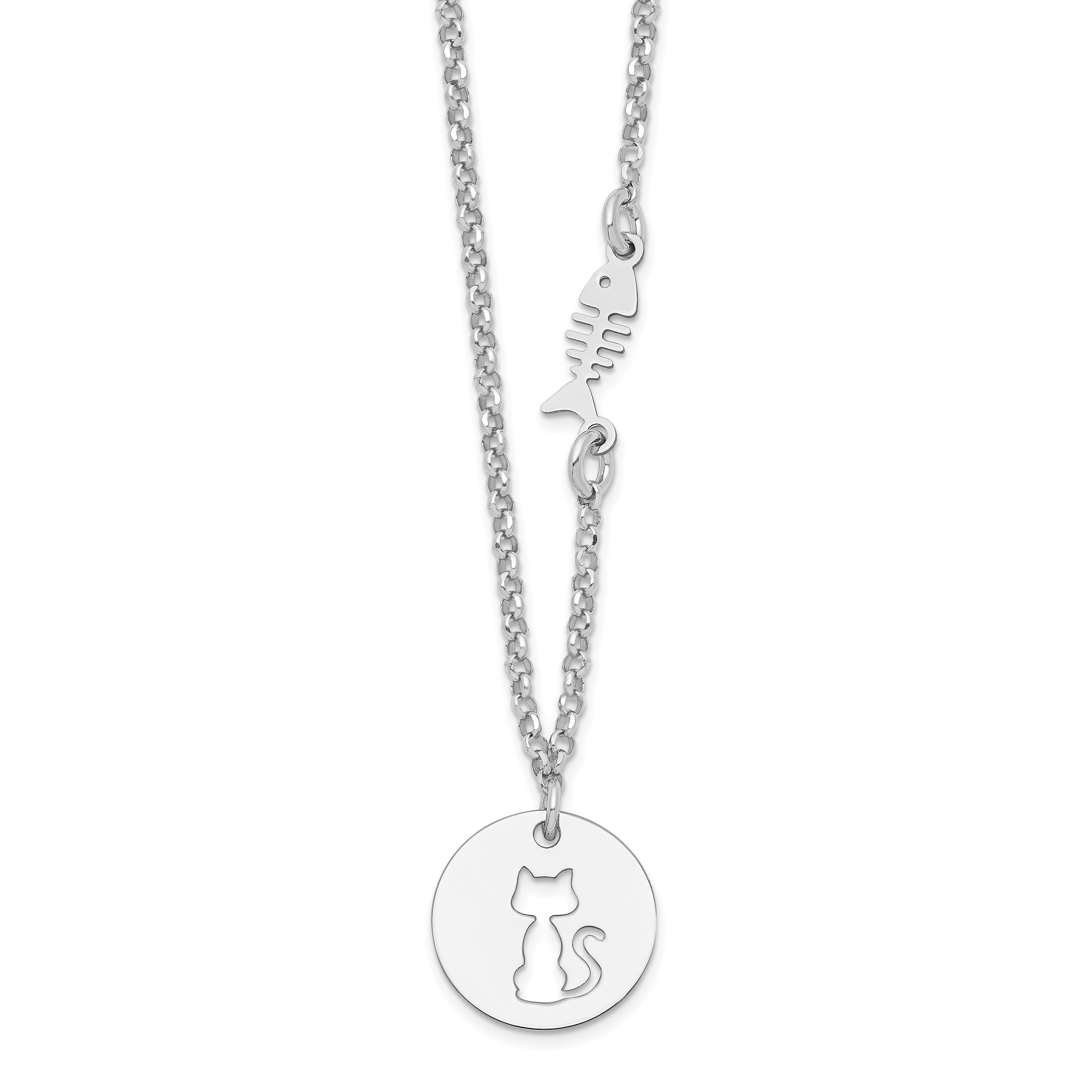 Sterling Silver Rhodium-plated Kitty and Fish w/1 in Ext Necklace