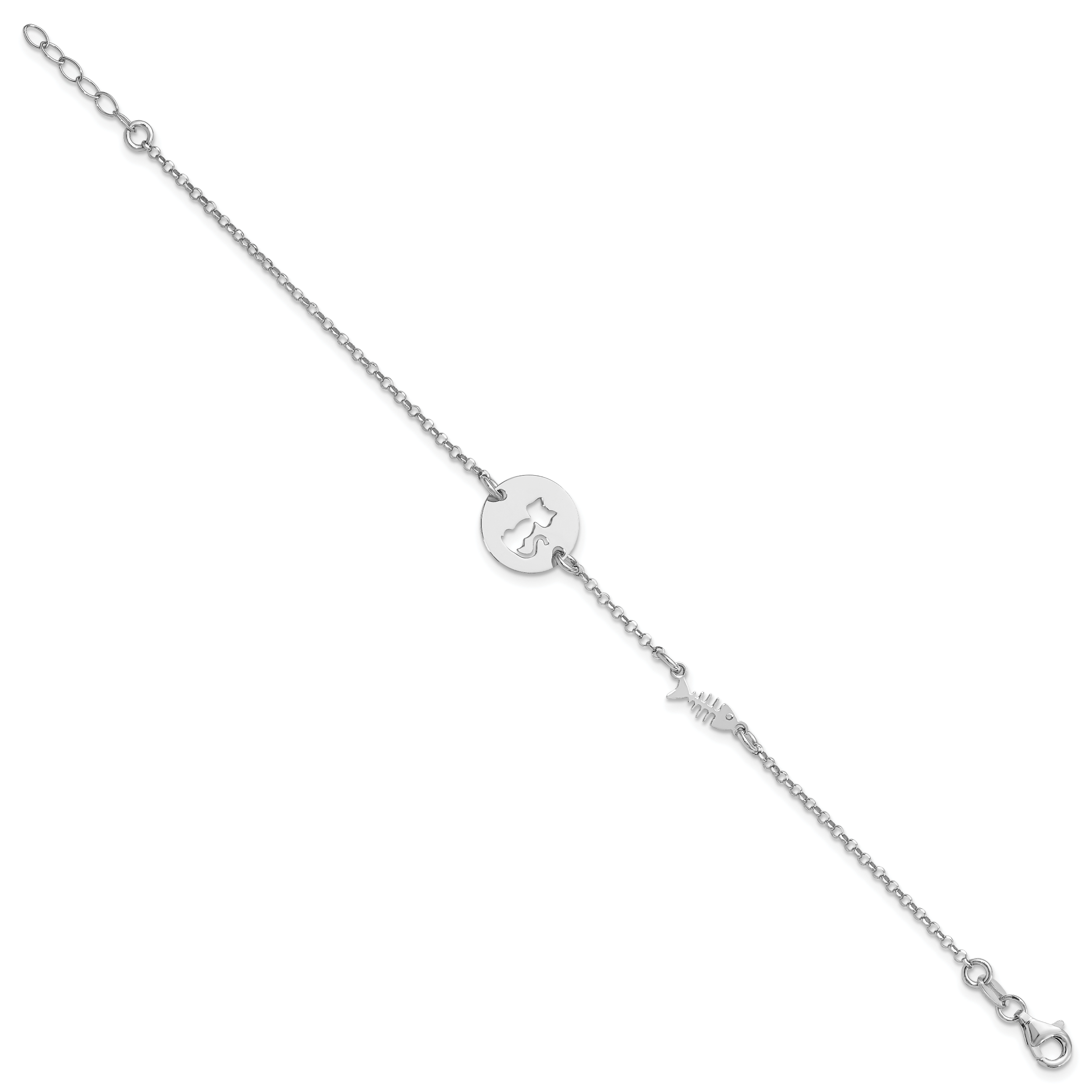 Sterling Silver Rhodium-plated Kitty and Fish w/.5 in Ext Bracelet Secondary image