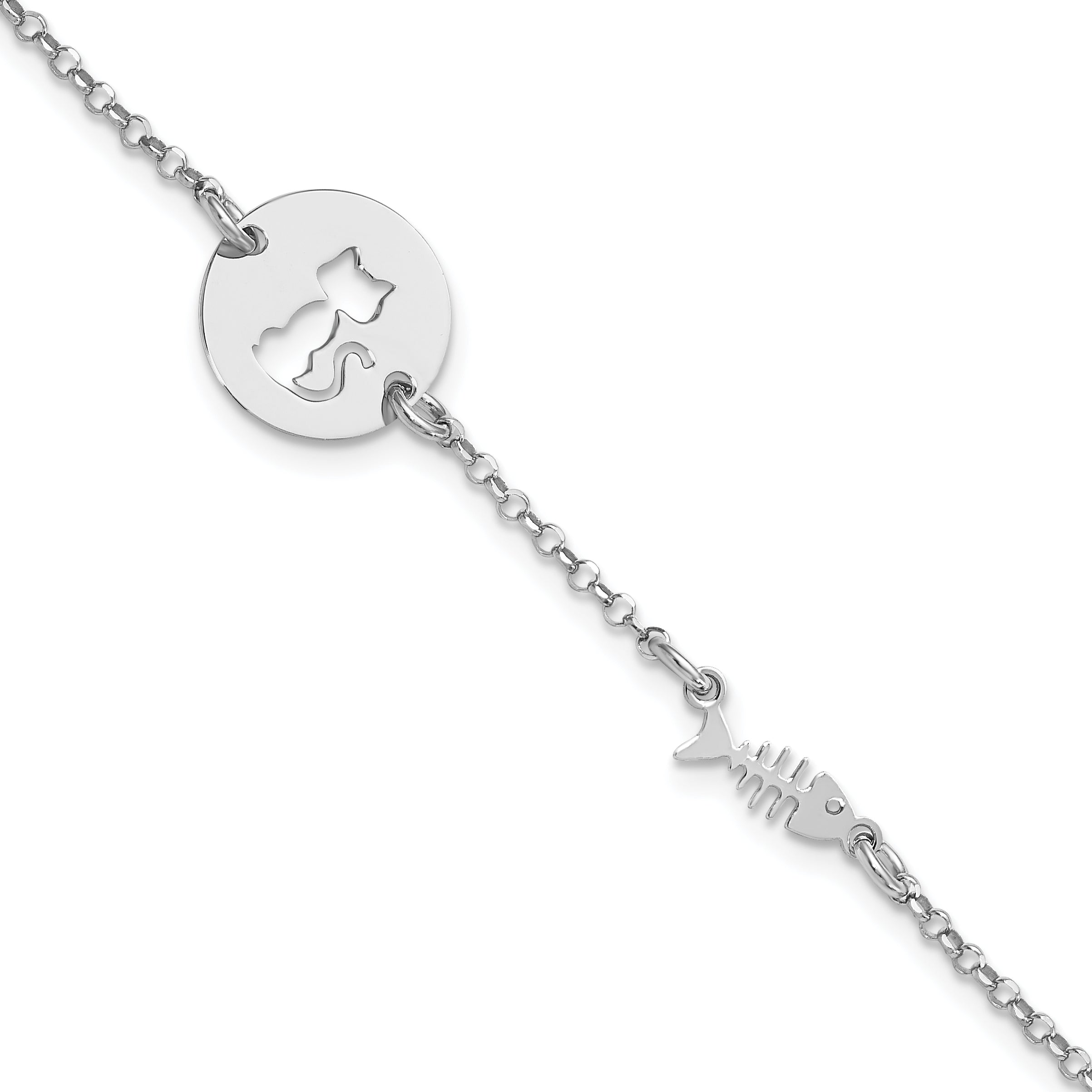 Sterling Silver Rhodium-plated Kitty and Fish w/.5 in Ext Bracelet Main image