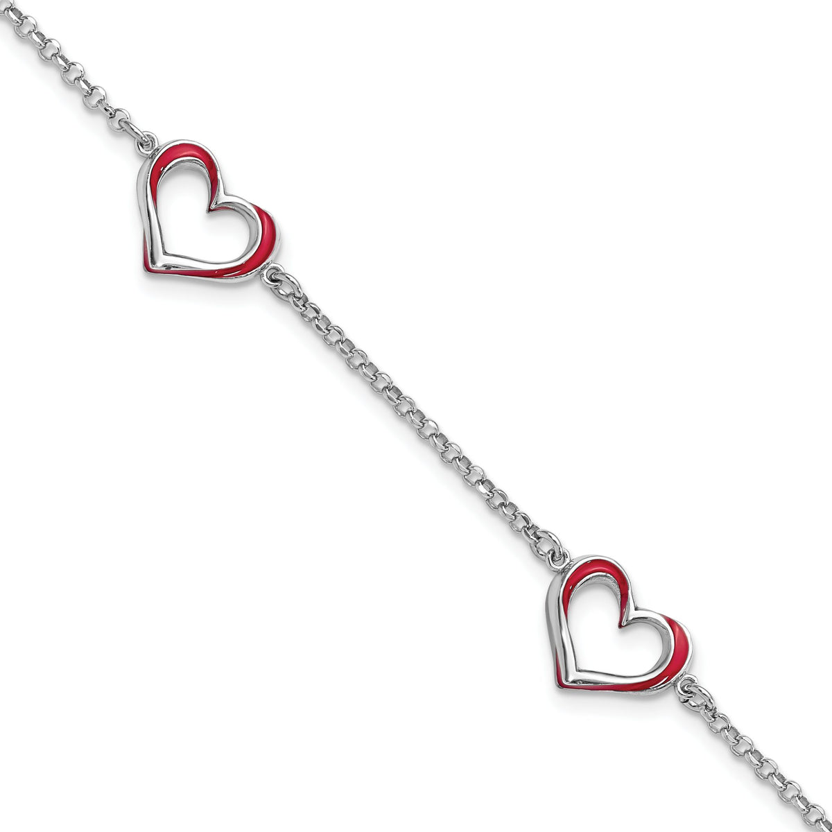 Red Enamel Three-Heart Bracelet in Sterling Silver, 12.22mm, 6.5 Inch - Sophia Jewelers Main image