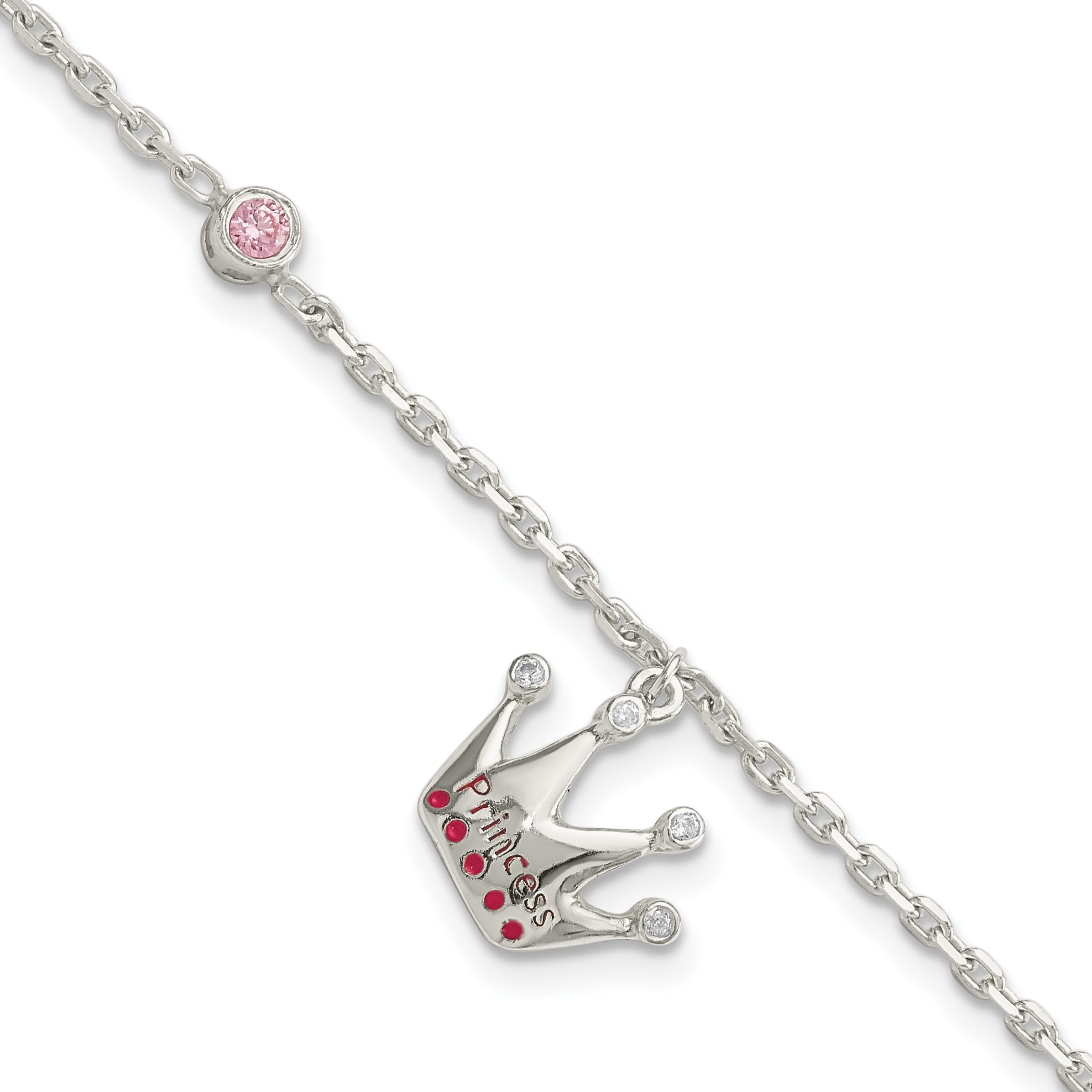 Sterling Silver Polished Pink & White CZ and Enameled Princess Crown Children's Bracelet