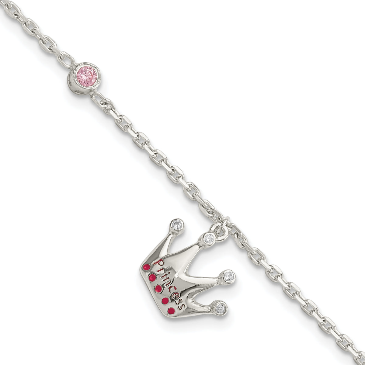 Sterling Silver Polished Pink & White CZ and Enameled Princess Crown Children's Bracelet