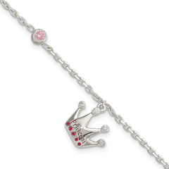 Sterling Silver Polished Pink & White CZ and Enameled Princess Crown Children's Bracelet