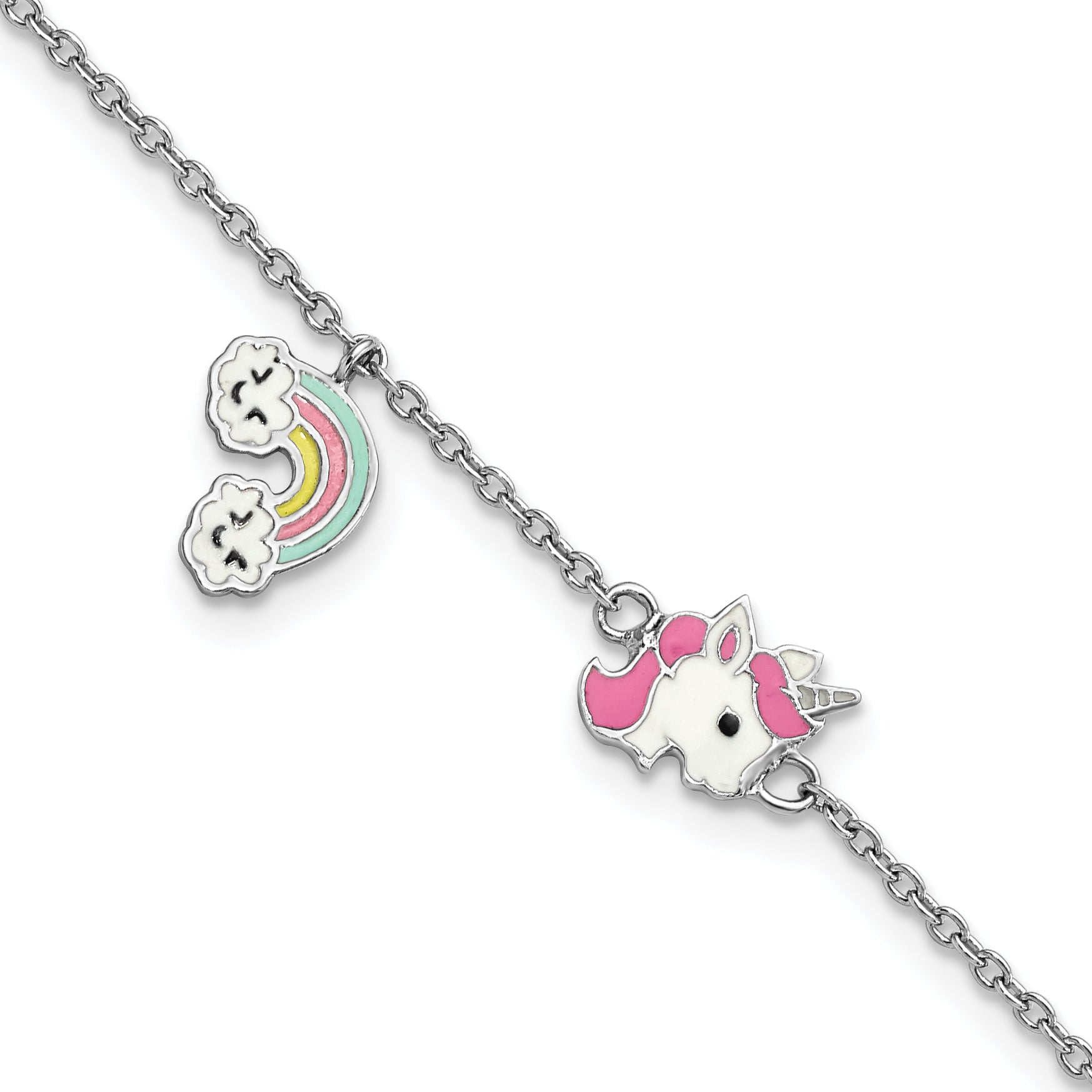 Sterling Silver Rhodium-Rhodium-Plated Polished & Multi-color Enameled  Unicorn & Rainbow with 1 Inch Extension Children's Bracelet